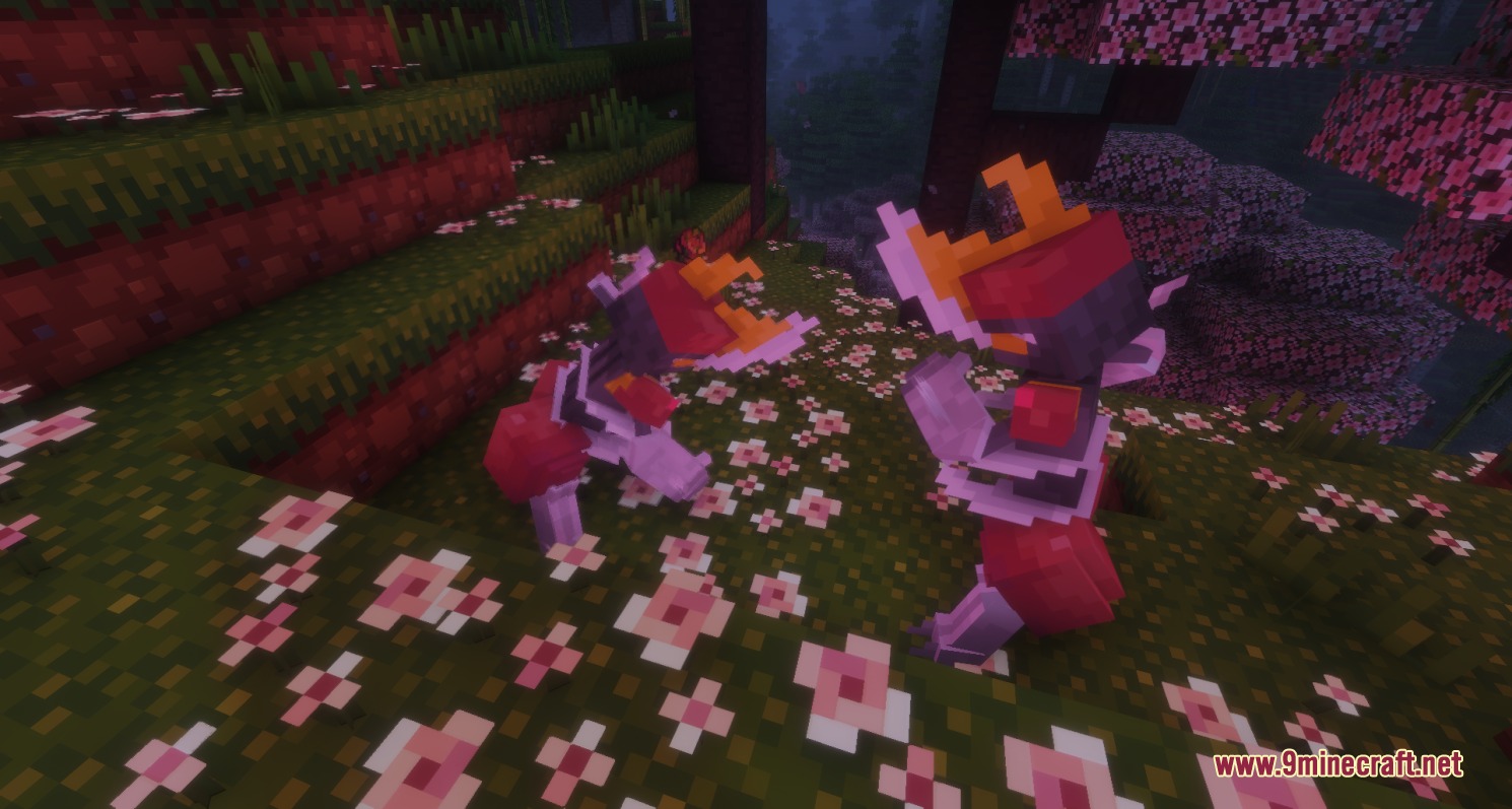 All the Mons Cobblemon Resource Pack Screenshot 5 Two Kingambit Pokemon standing among pink flowers in a cherry blossom forest