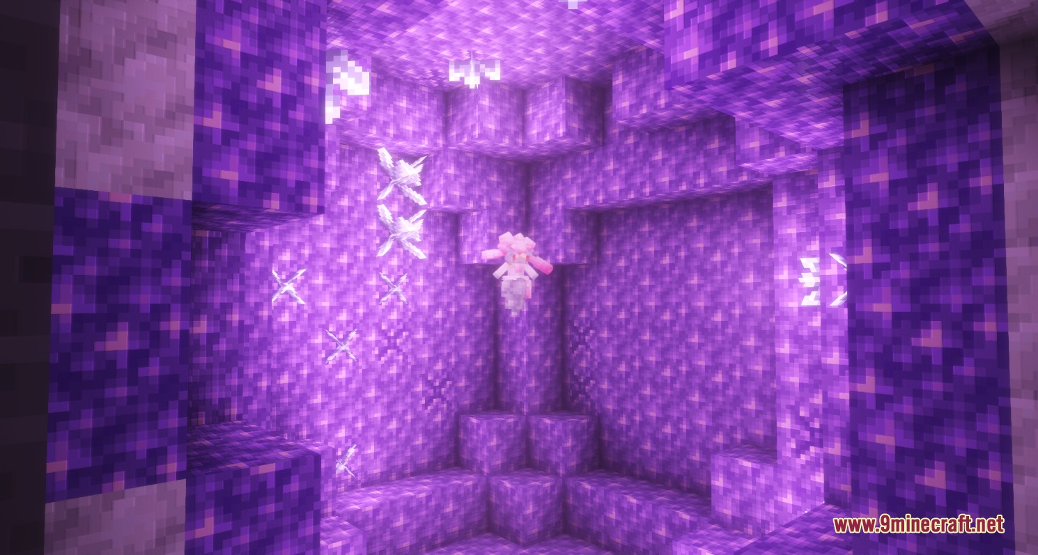 All the Mons Cobblemon Resource Pack Screenshot 6 A pink Diancie Pokemon floating inside a glowing purple amethyst geode cave