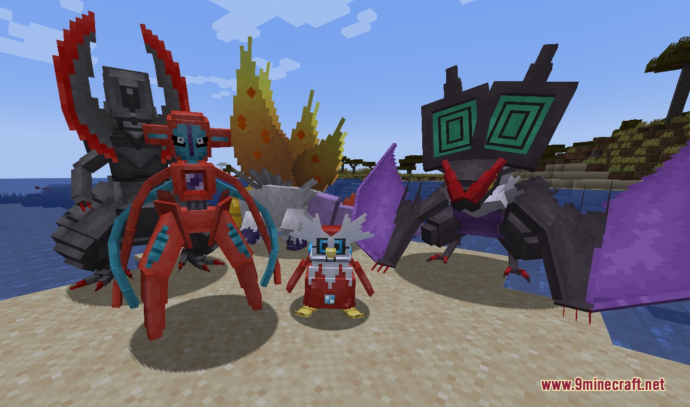 All the Mons Cobblemon Resource Pack Screenshot 8 A group of unique Pokemon models standing together on a sandy beach