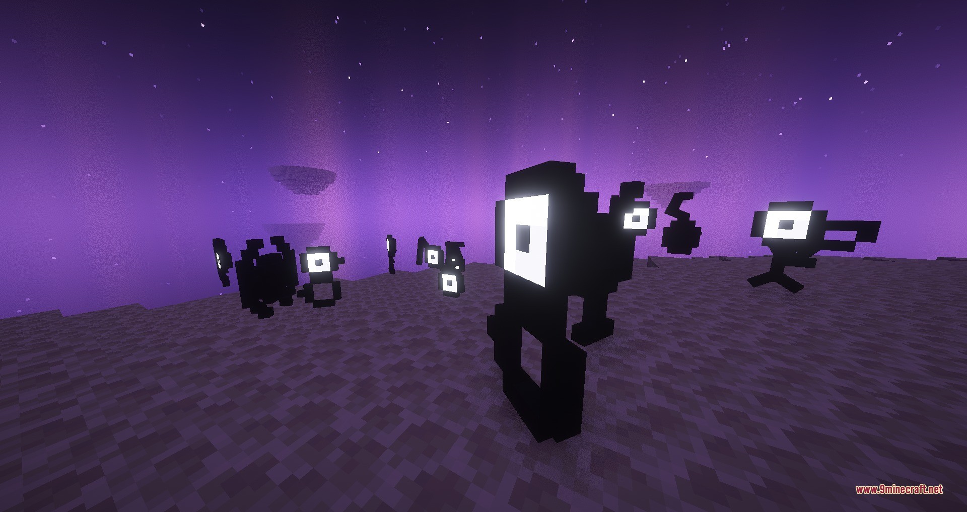 Alphabet Soup Data Pack Screenshot 1 Several black Unown Pokemon from Cobblemon floating in the purple End dimension