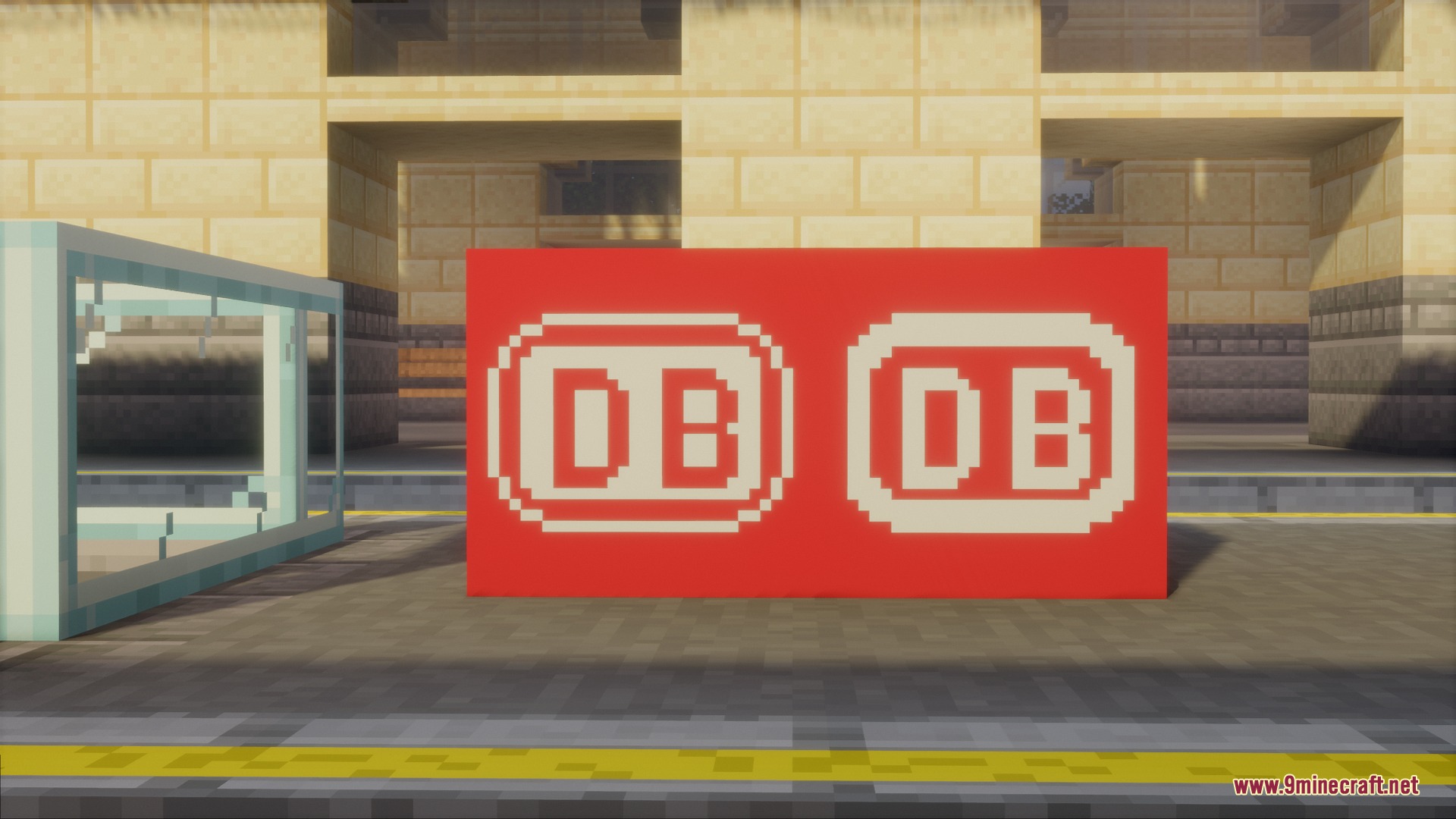Alpine Rail Interiors Mod Screenshot 2 Red block featuring the official Deutsche Bahn logo in a Minecraft train station