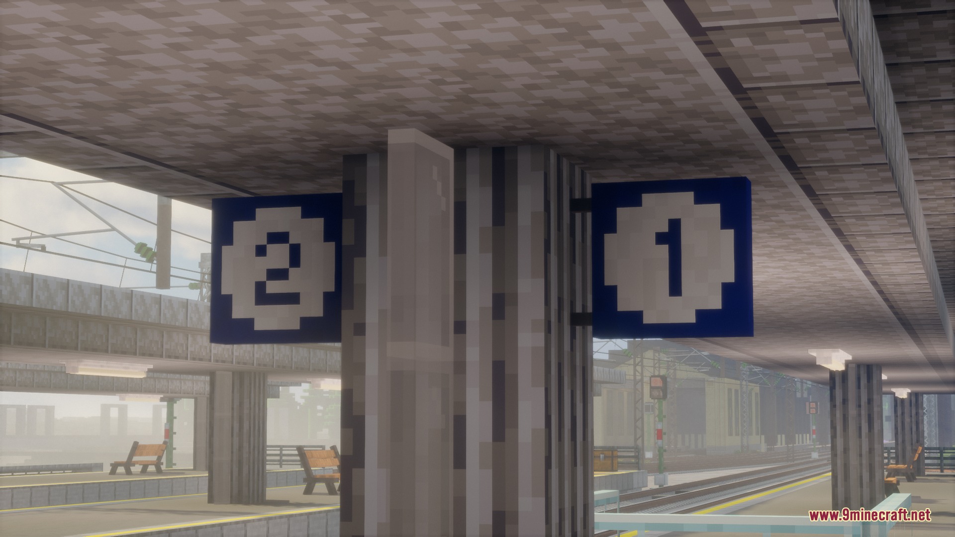Alpine Rail Interiors Mod Screenshot 3 Blue platform number signs hanging from a pillar in a realistic Minecraft train station