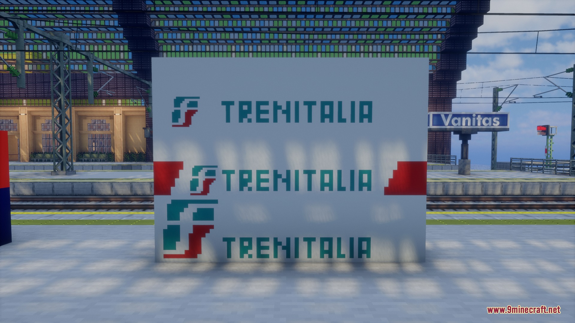 Alpine Rail Interiors Mod Screenshot 5 Minecraft station platform featuring multiple Trenitalia logos on a large white display wall