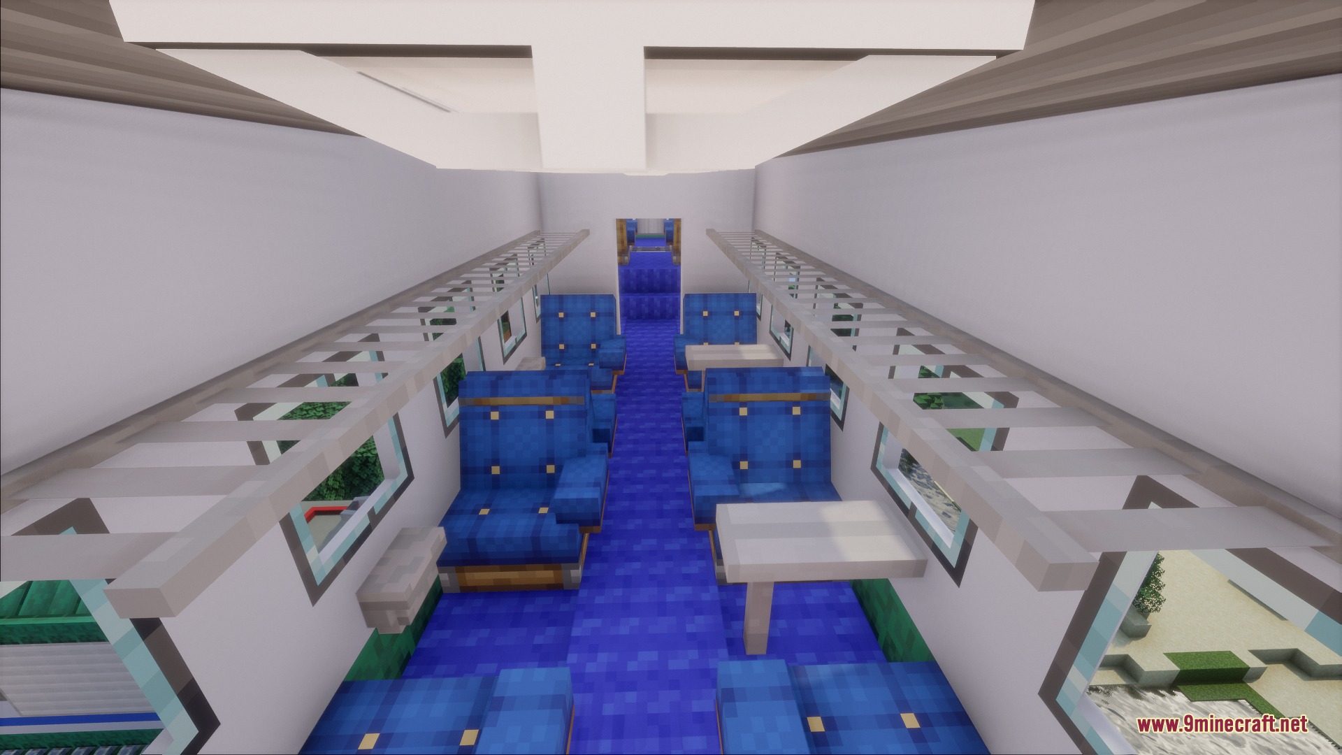 Alpine Rail Interiors Mod Screenshot 7 Detailed passenger train interior featuring blue seats and overhead luggage racks