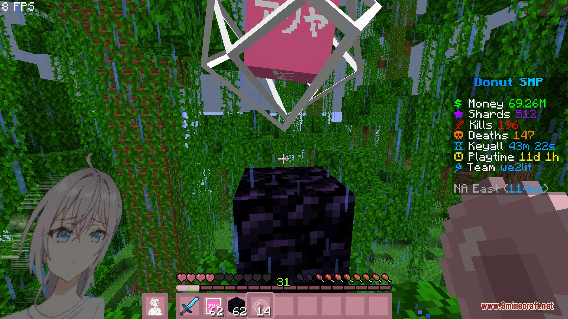 Alya Pack Resource Pack Screenshot 2 Minecraft jungle scene featuring a custom pink hotbar and anime character interface elements