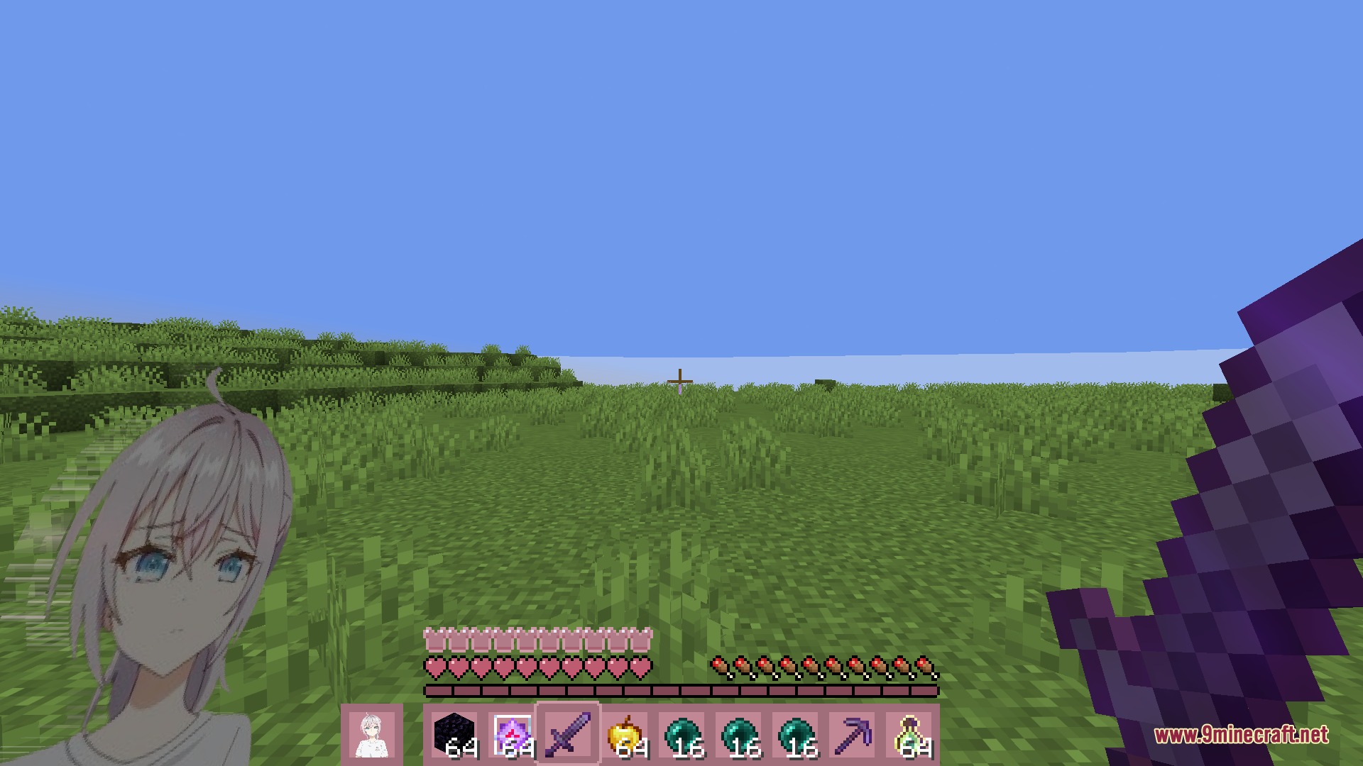 Alya Pack Resource Pack Screenshot 3 Player holding a purple sword with Alya character art on the screen
