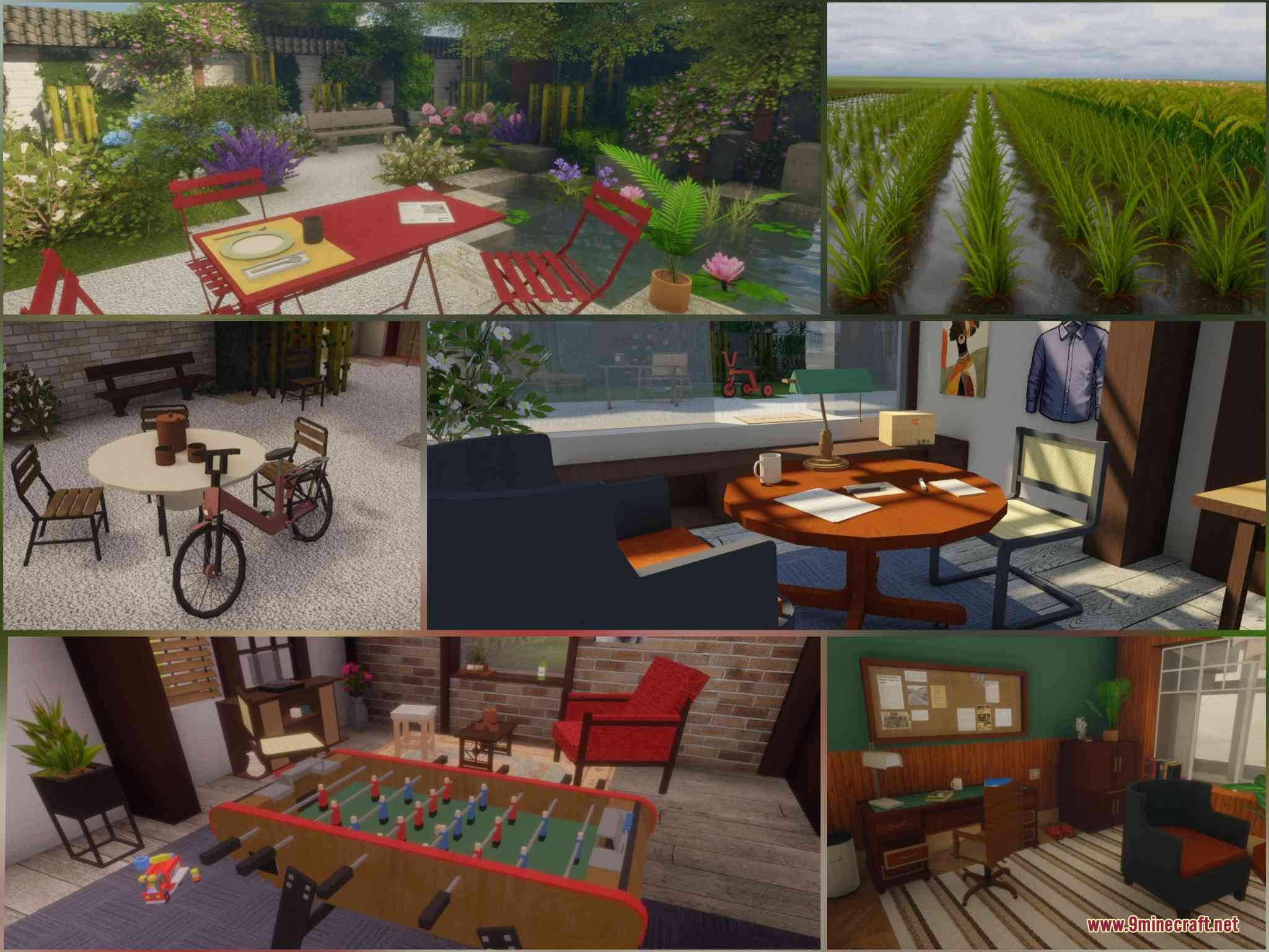 Detailed collage of realistic garden and room designs using high resolution textures