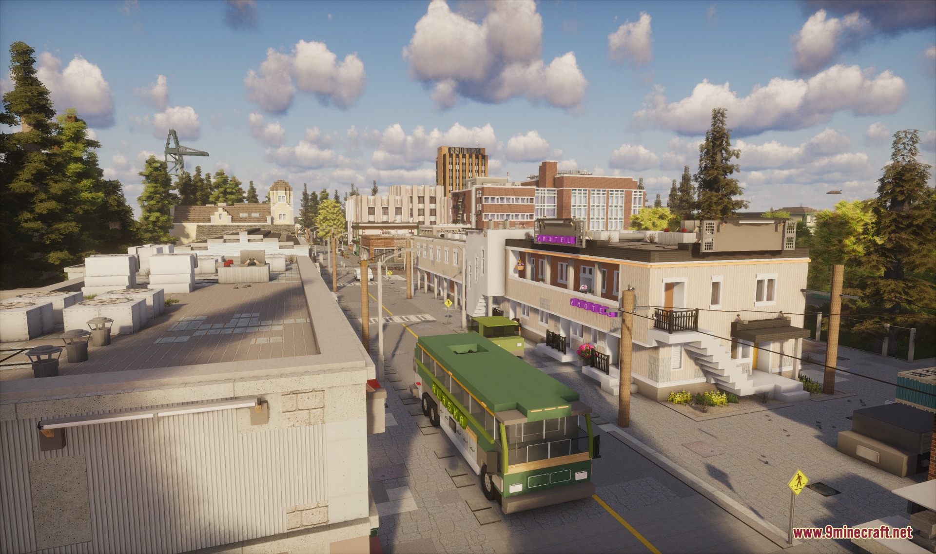 A green bus driving through a realistic modern city street with detailed buildings