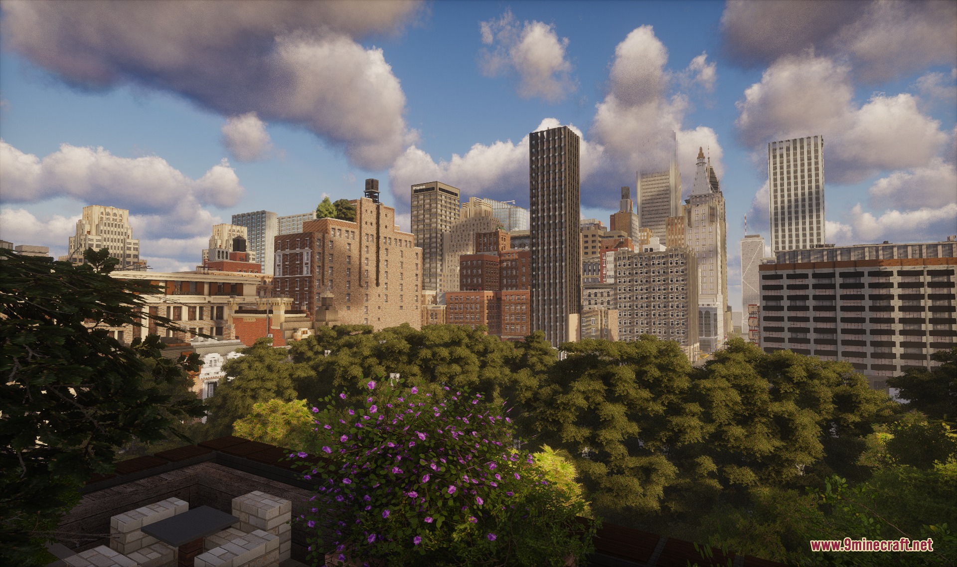 High resolution city skyline with realistic buildings and lush green trees in Minecraft