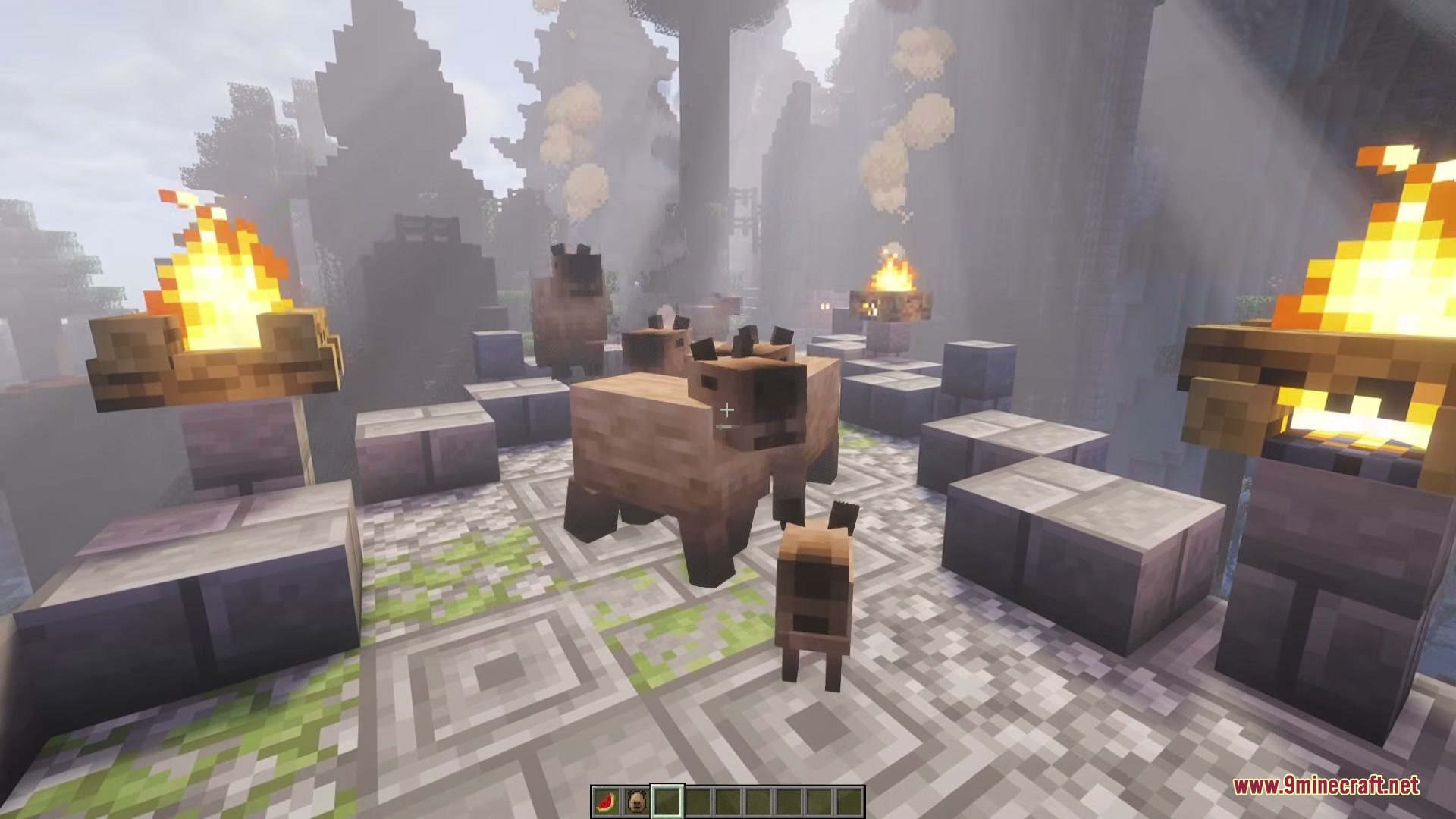 A group of capybaras standing near campfires on a stone platform in Minecraft