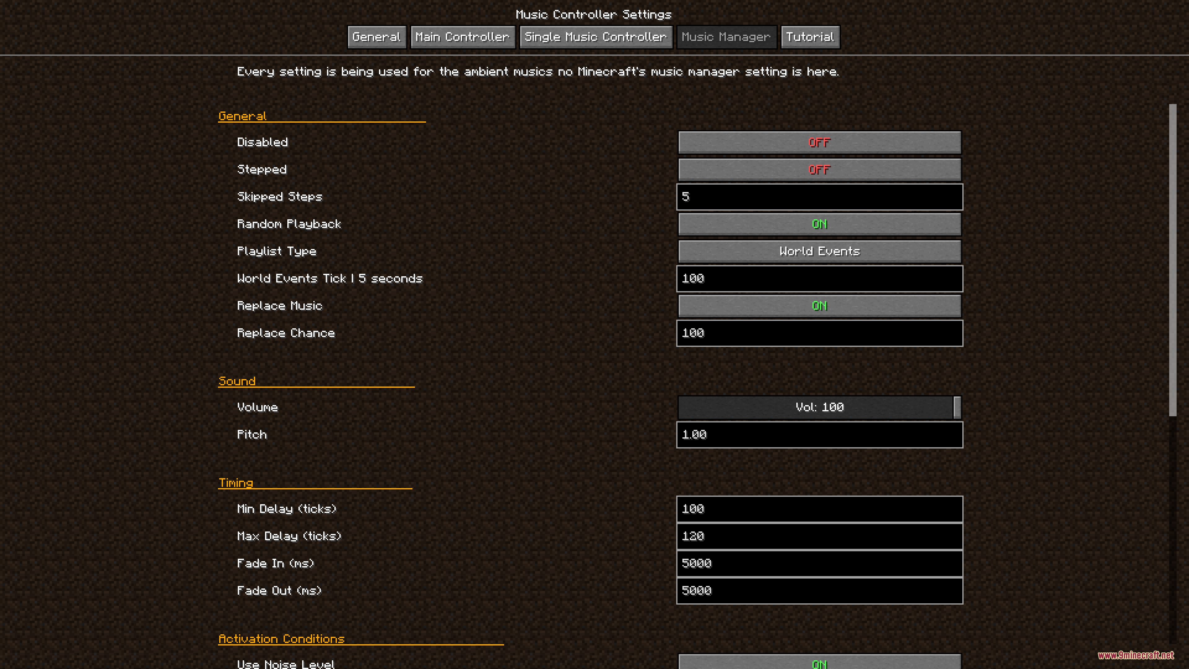 Ambient Music Player Music Controller Mod Screenshot 3 Settings screen for adjusting ambient music volume and timing within the game