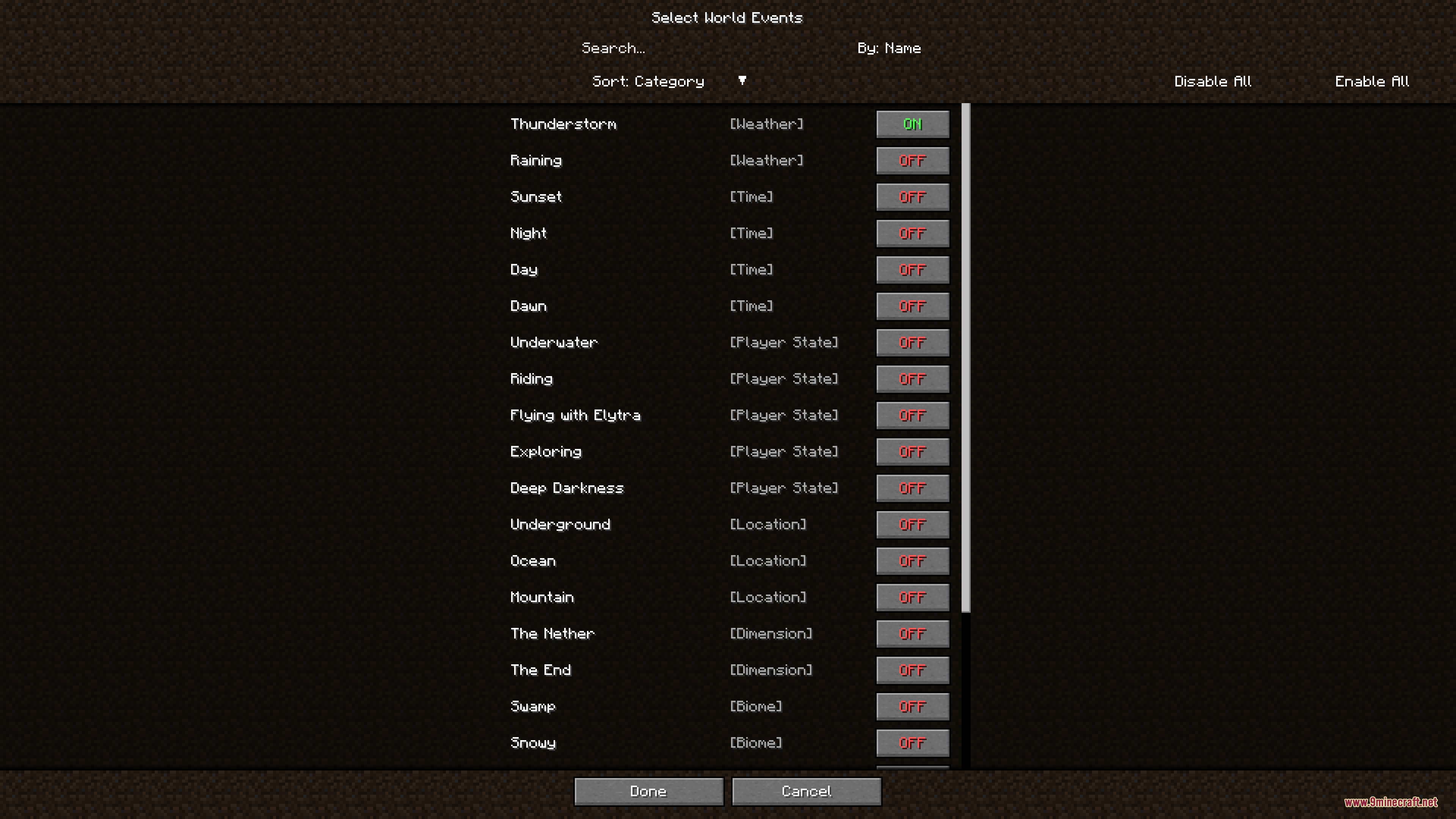 Ambient Music Player Music Controller Mod Screenshot 4 List of world events used to trigger different ambient music tracks in Minecraft