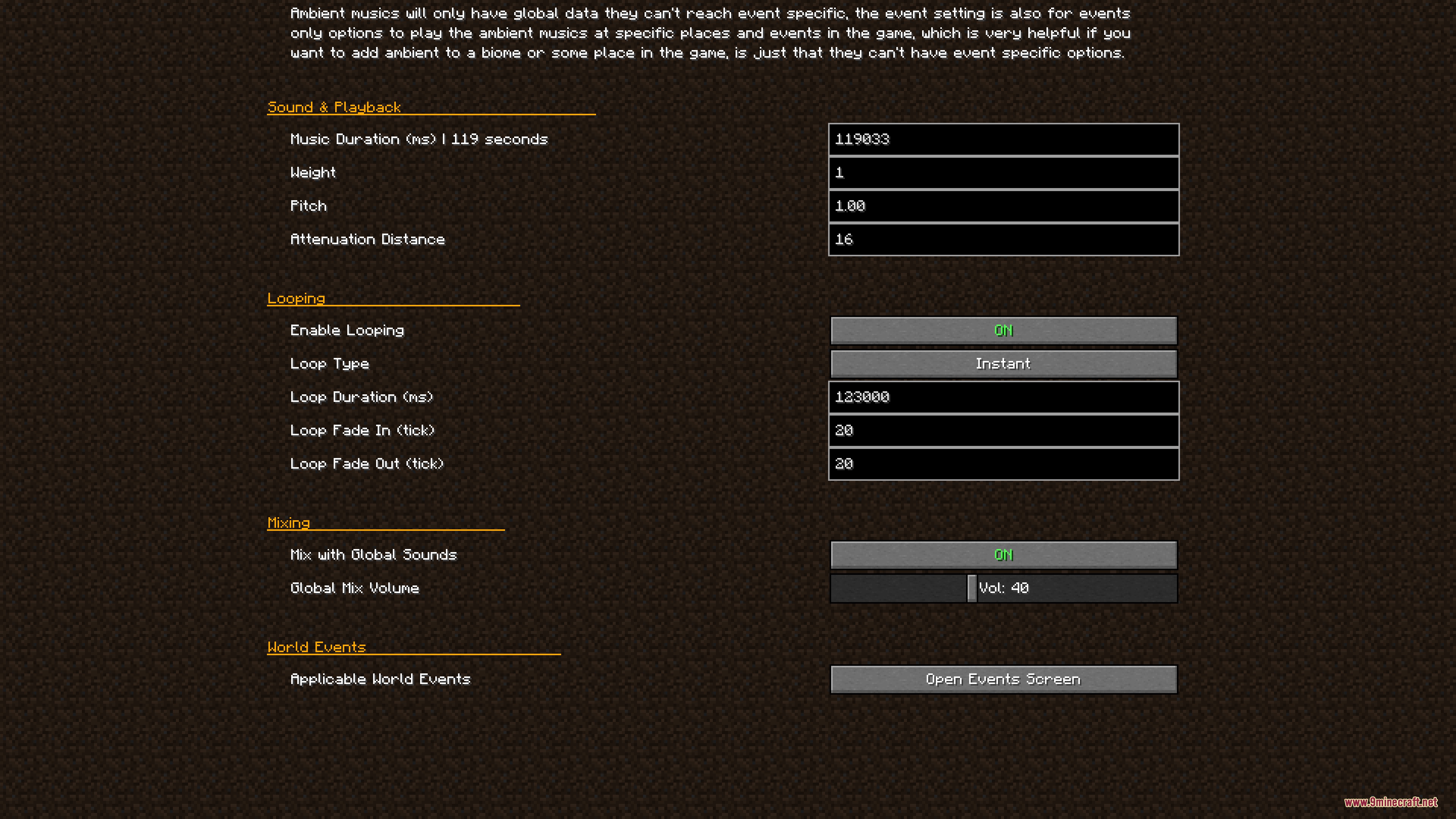 Ambient Music Player Music Controller Mod Screenshot 5 Interface for configuring sound playback looping and mixing settings in the mod