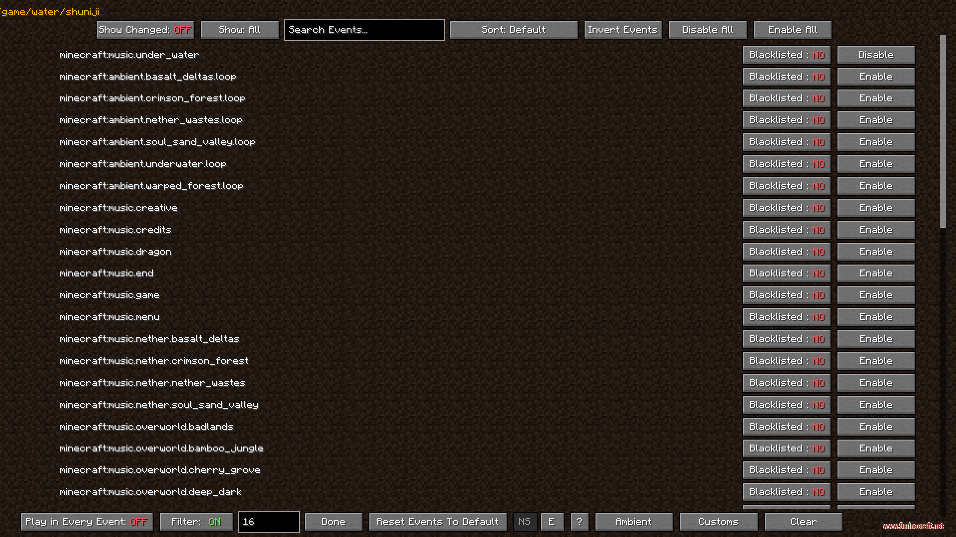 Ambient Music Player Music Controller Mod Screenshot 6 Screen showing various music events with options to enable or disable them