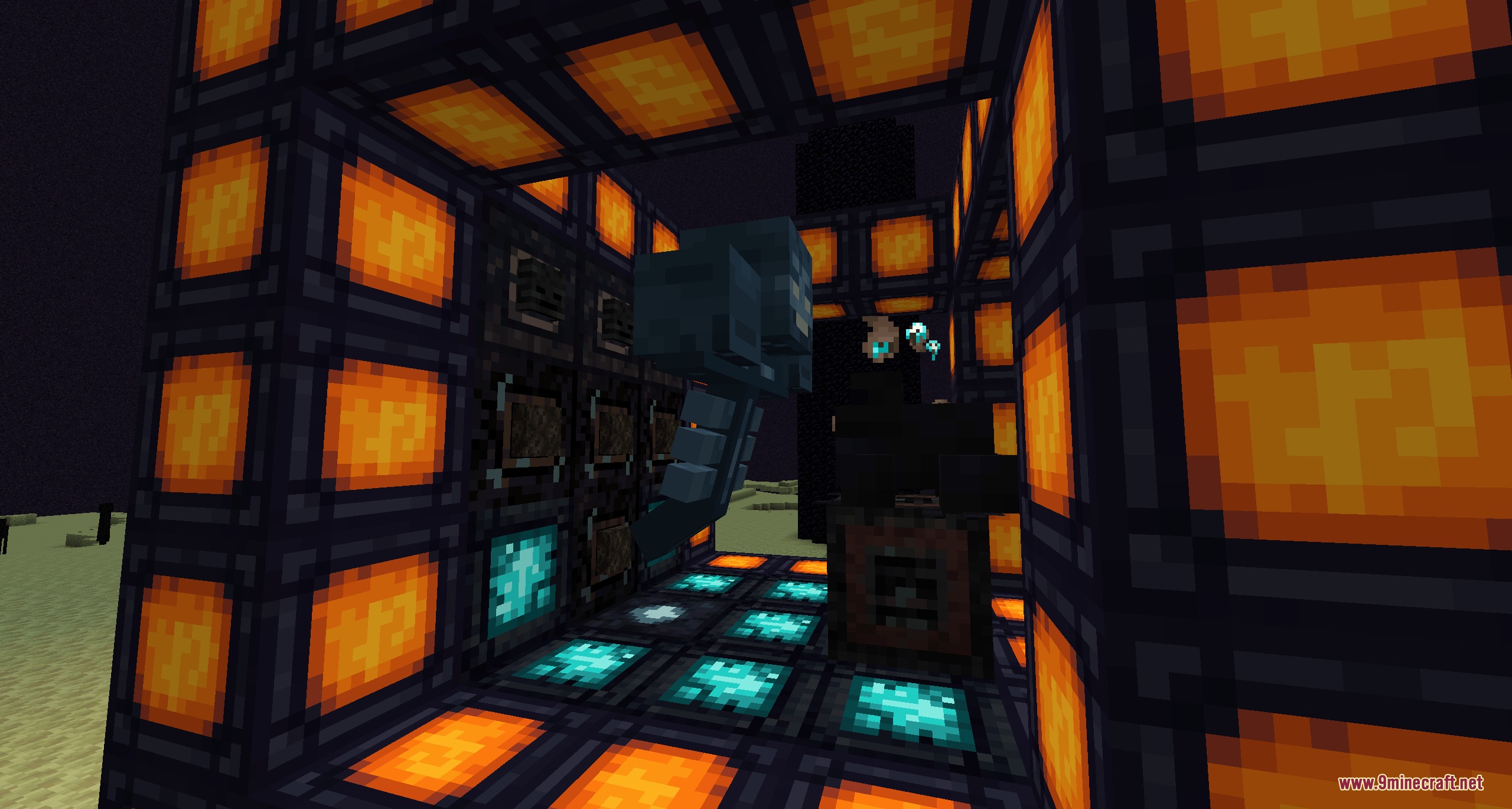 Amphibian Alchemy Mod Screenshot 4 A blue slime floats in a room decorated with wither skeleton heads