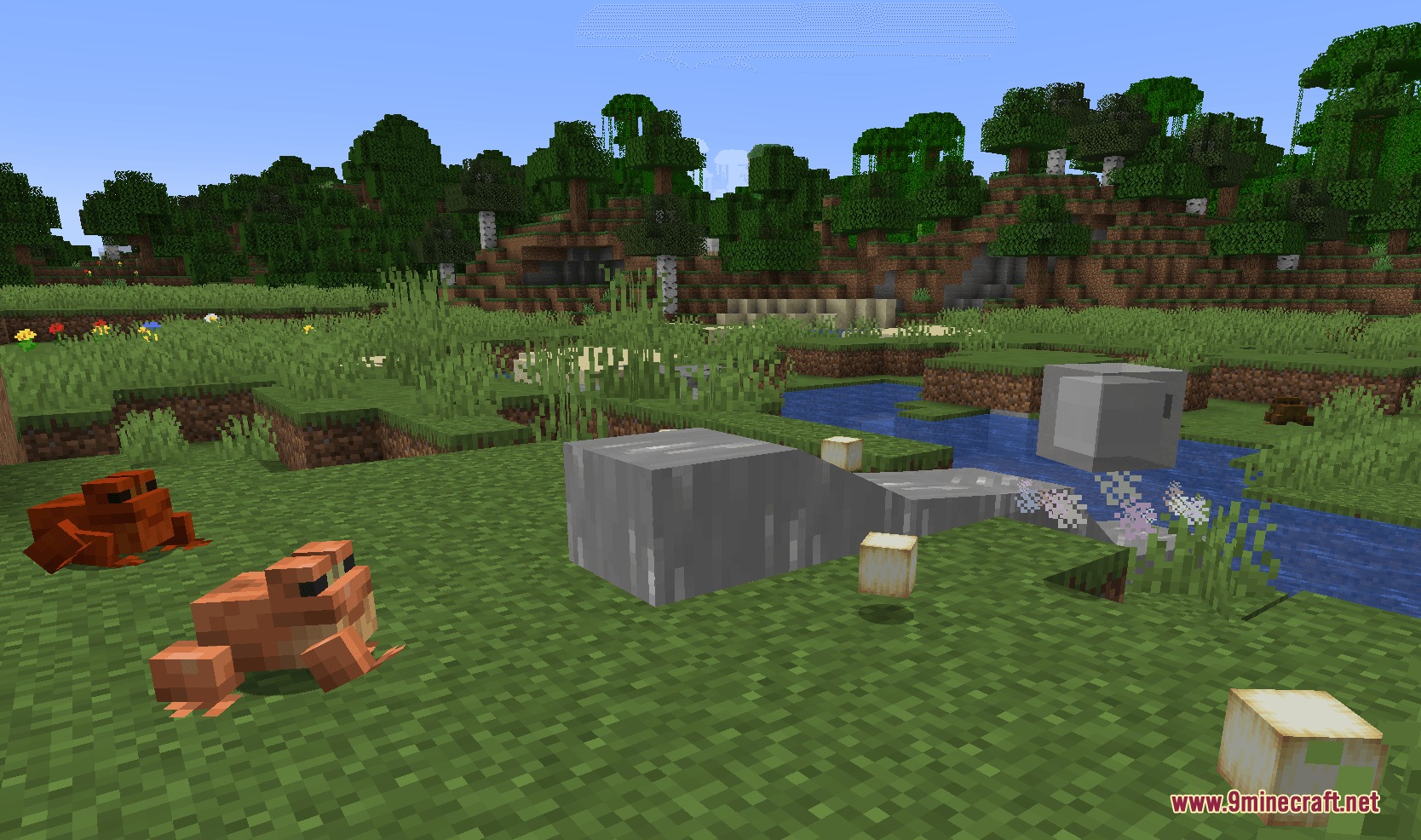 Amphibian Alchemy Mod Screenshot 6 Two frogs and a slime on grass with glowing froglight items