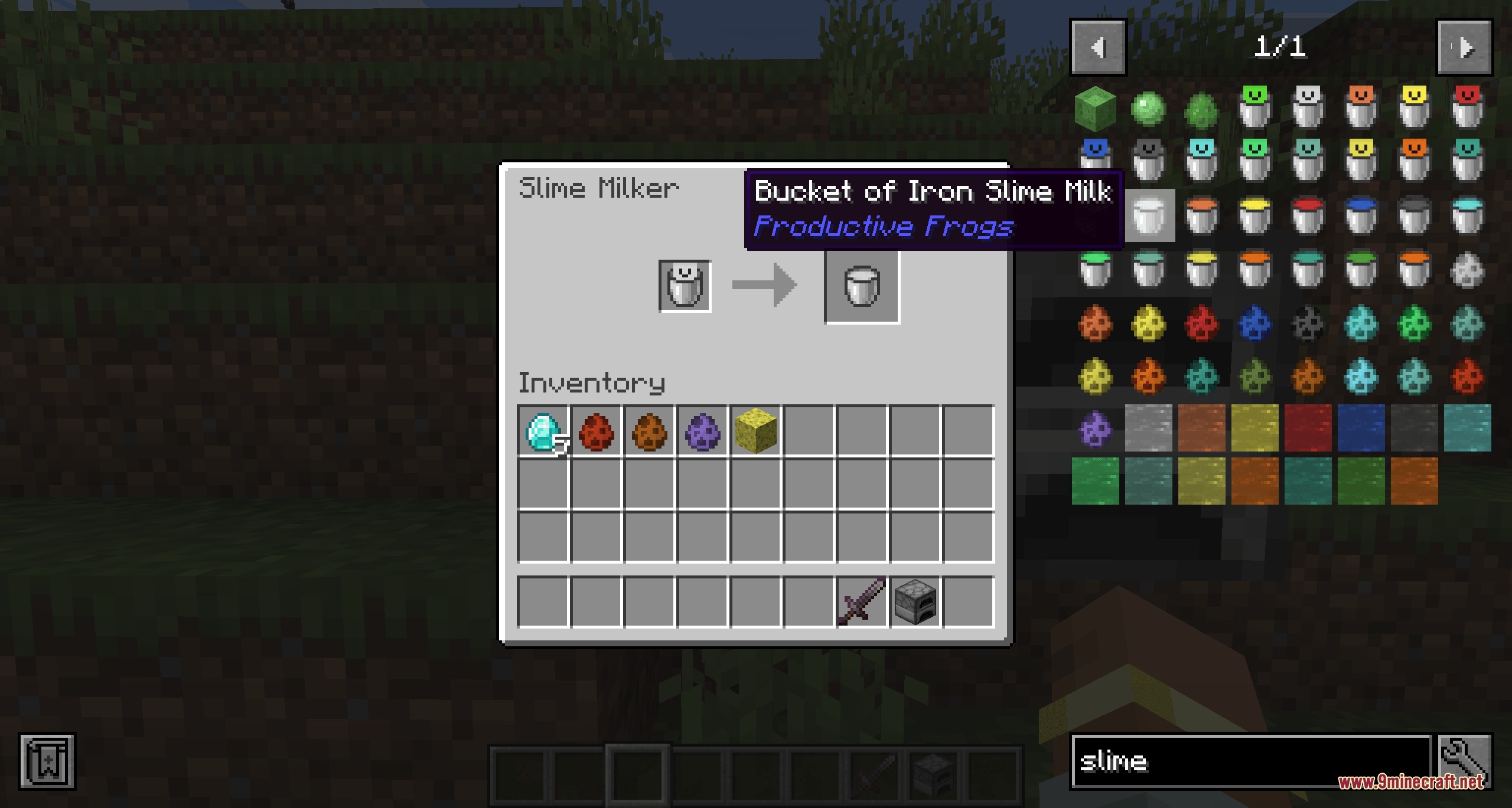Amphibian Alchemy Mod Screenshot 7 A Slime Milker interface displaying a bucket of iron slime milk