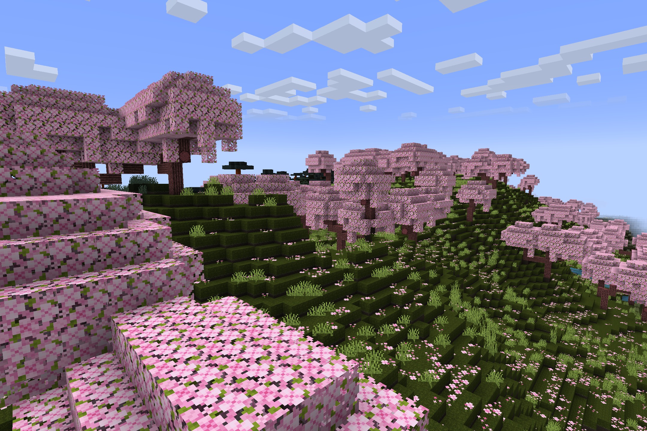 AmstellHD ZOMBIE Apocalypse Resource Pack Screenshot 1 Pink cherry blossom trees blooming across a lush green Minecraft forest hillside