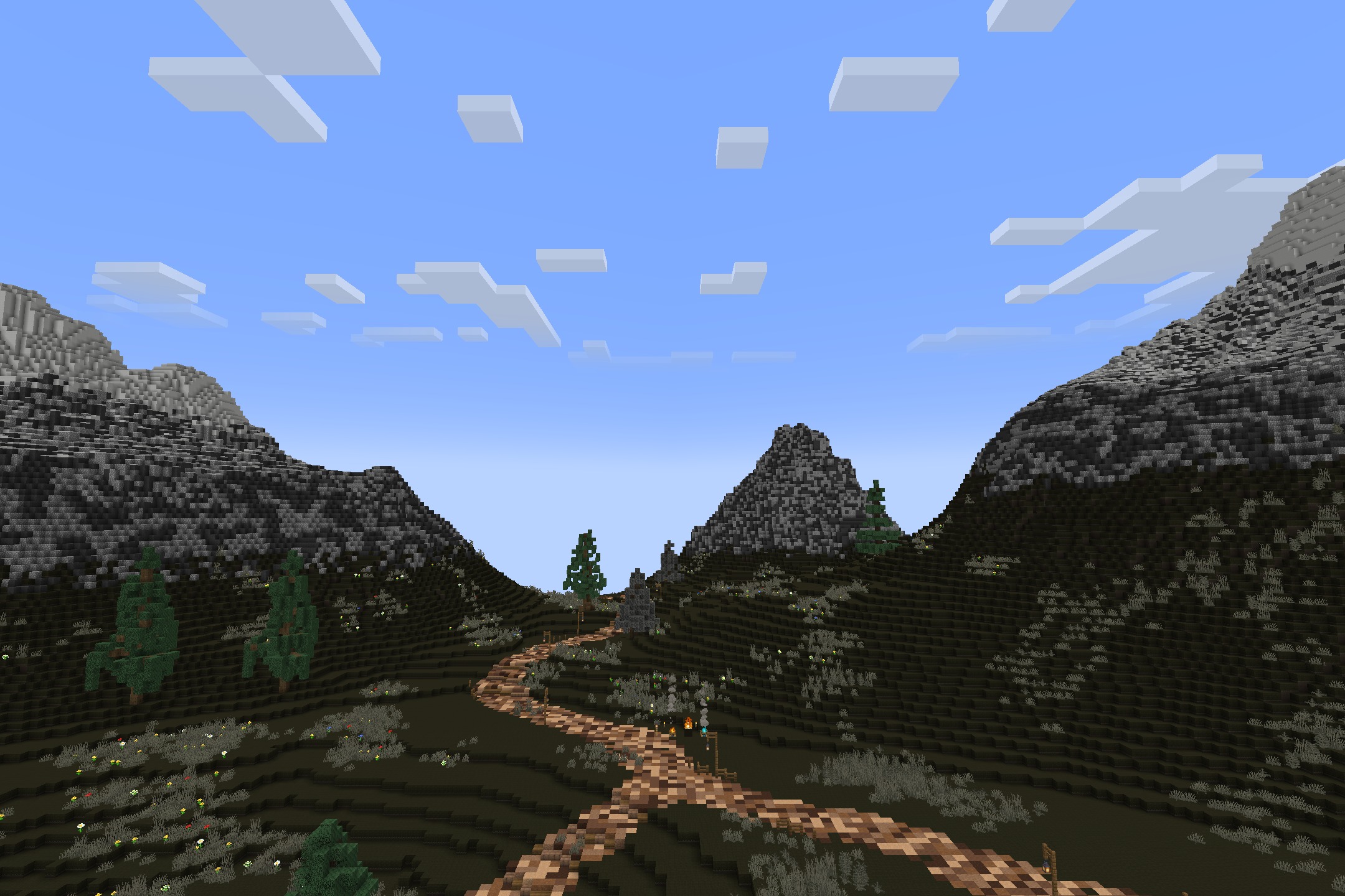 AmstellHD ZOMBIE Apocalypse Resource Pack Screenshot 10 Dark hills and pine trees surrounding a path in a wasteland environment