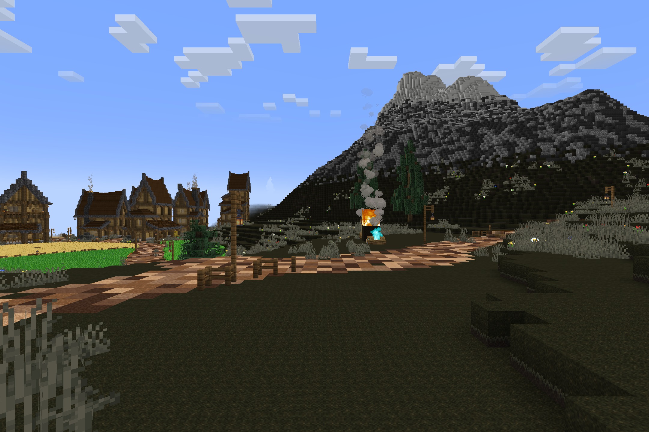 AmstellHD ZOMBIE Apocalypse Resource Pack Screenshot 2 A dark ruined village with a campfire under a gloomy mountain peak