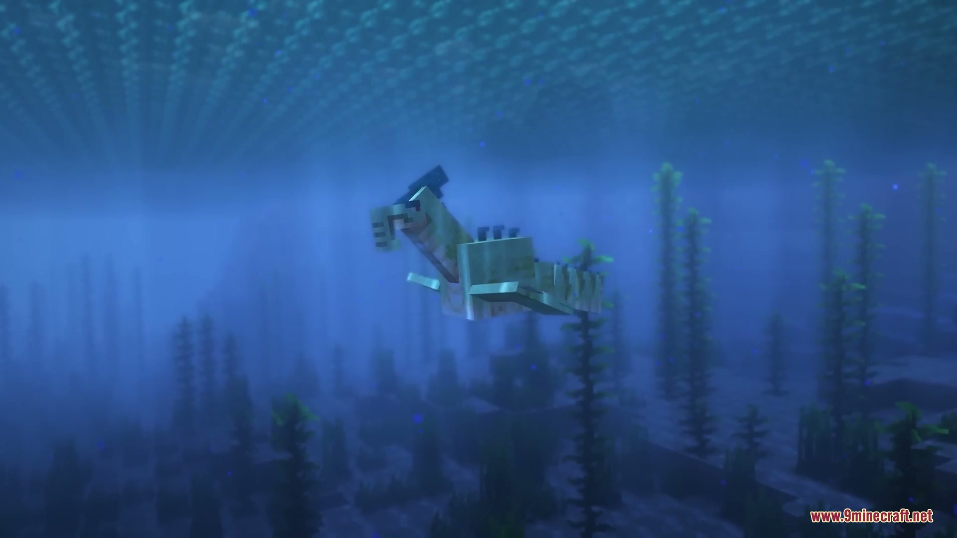 A prehistoric marine creature swims through a deep ocean biome with tall kelp