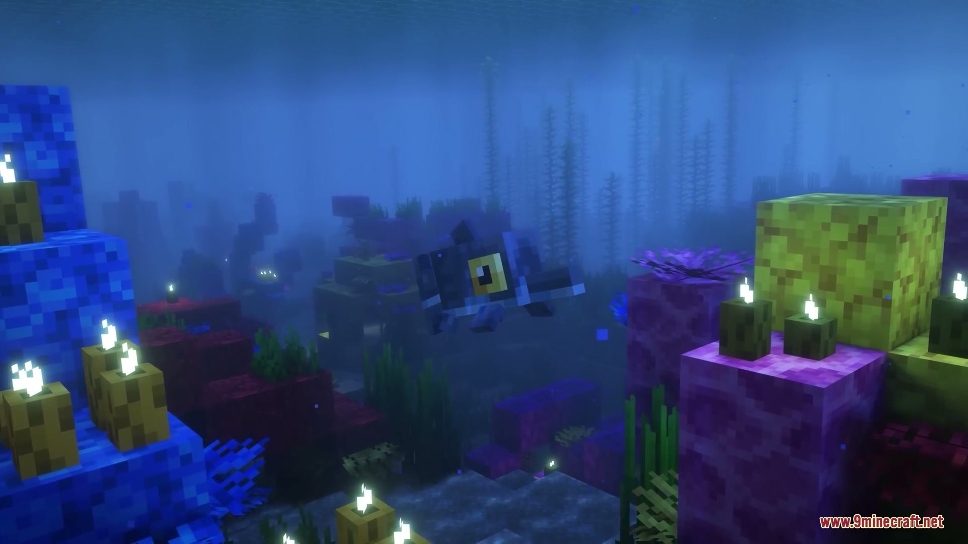A small prehistoric fish swims through a colorful coral reef with lit candles