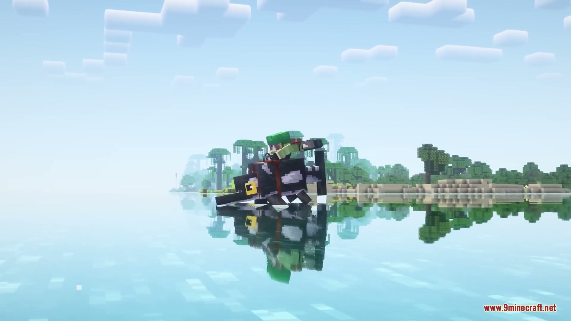 A player riding a prehistoric marine creature across calm reflective water in Minecraft