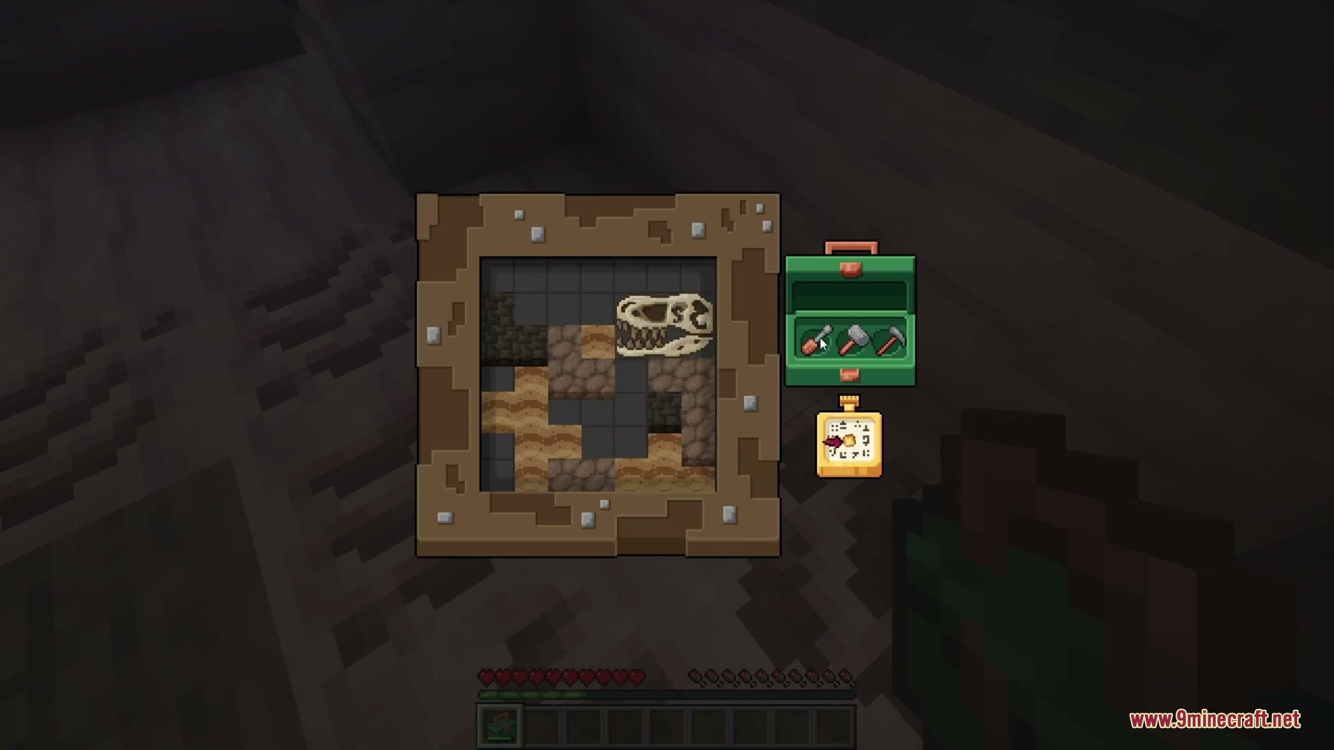 An interface for the fossil excavation minigame showing a dinosaur skull and tools