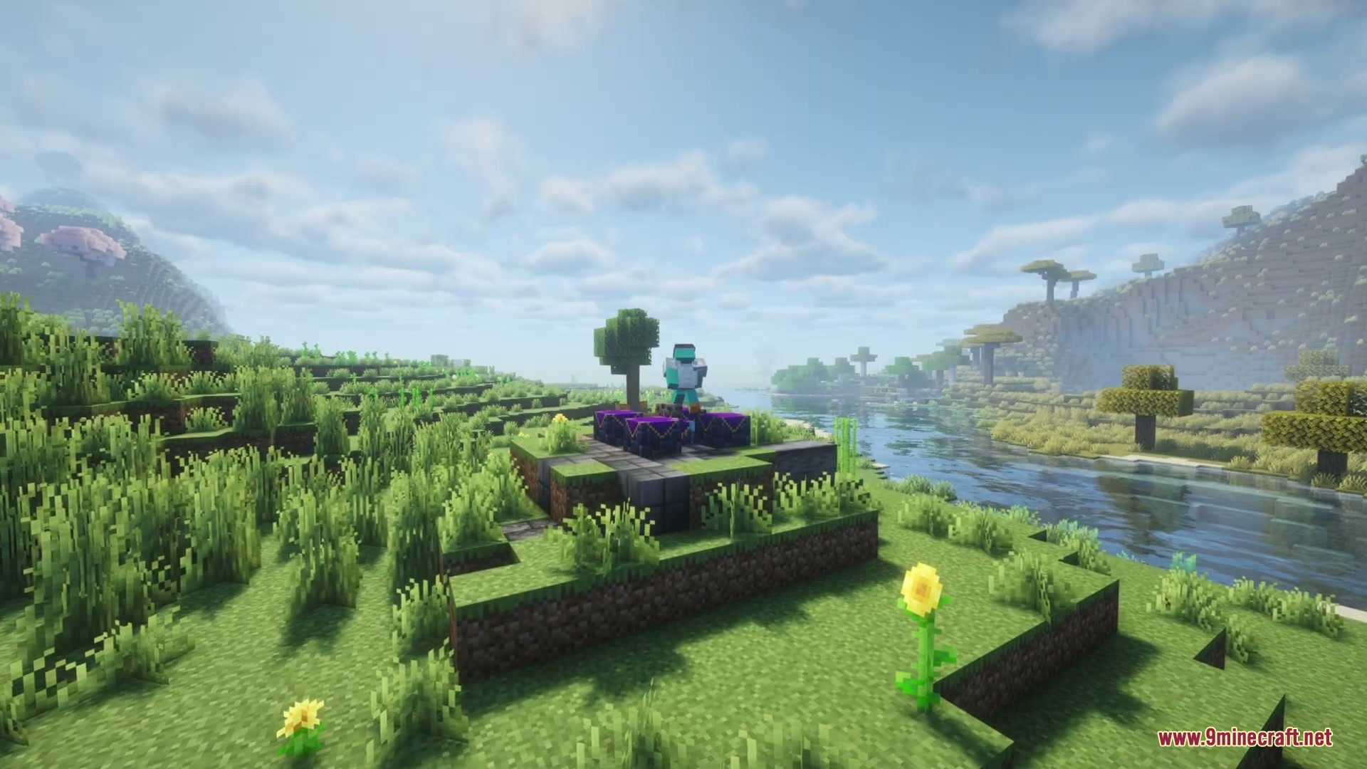 A player stands on a ritual platform with summoning altars near a river