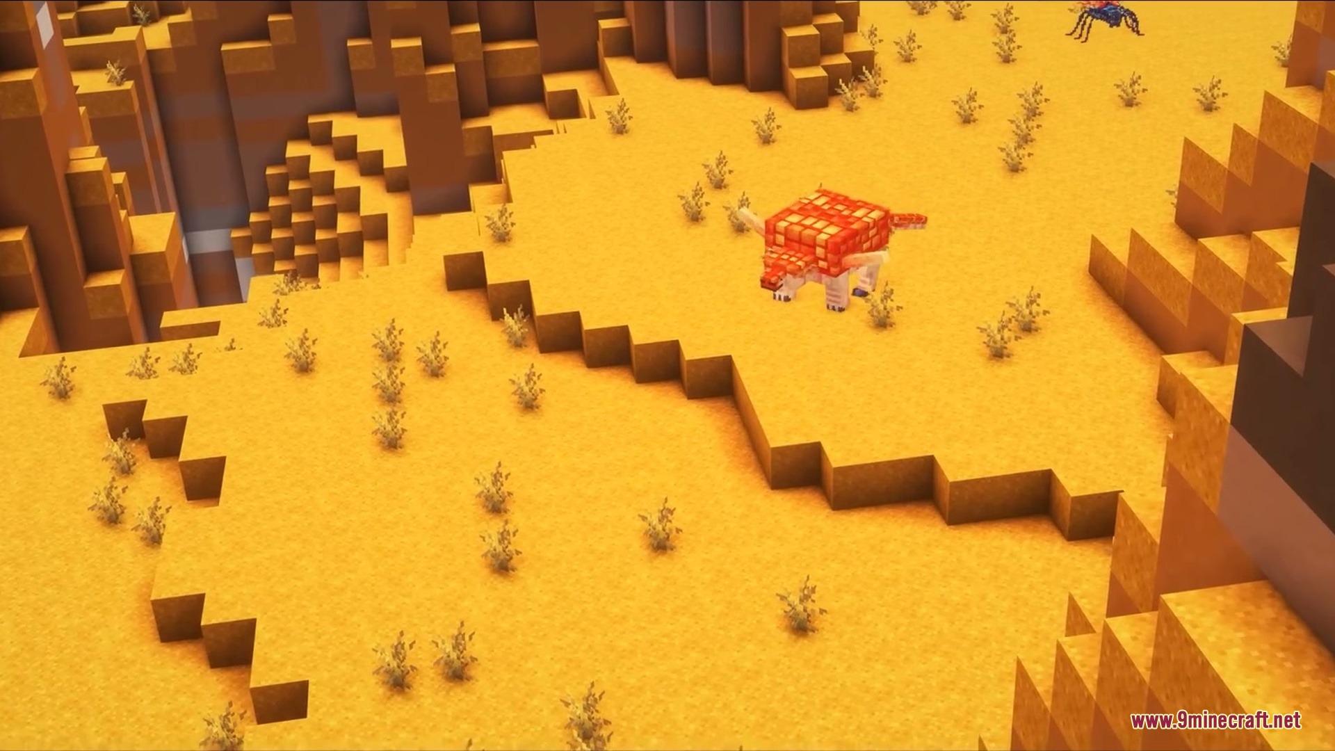 A red armored Borealopelta from Anachronistic Wilds Mod walks through the desert