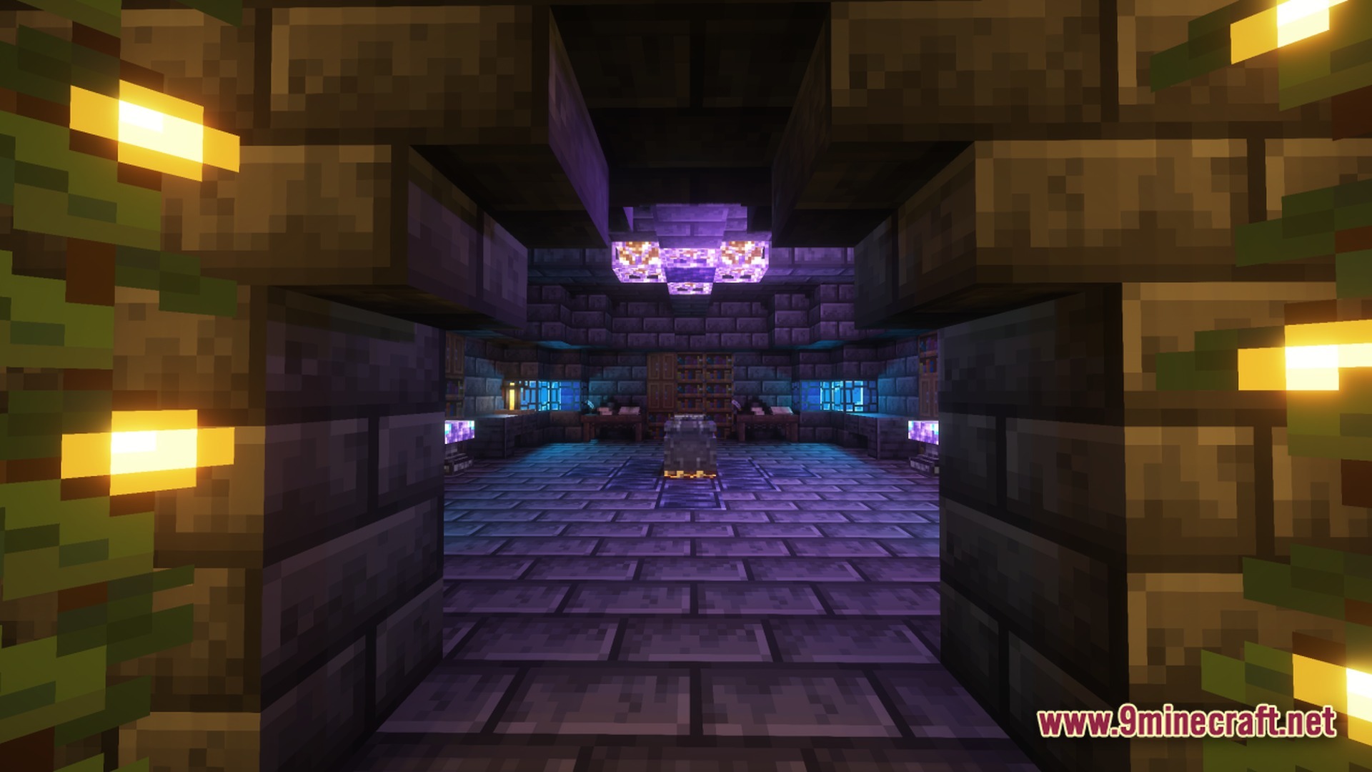 Ancient Kingdoms 3 Modpack Screenshot 10 A dimly lit stone brick chamber featuring a central cauldron, bookshelves, and glowing purple light fixtures