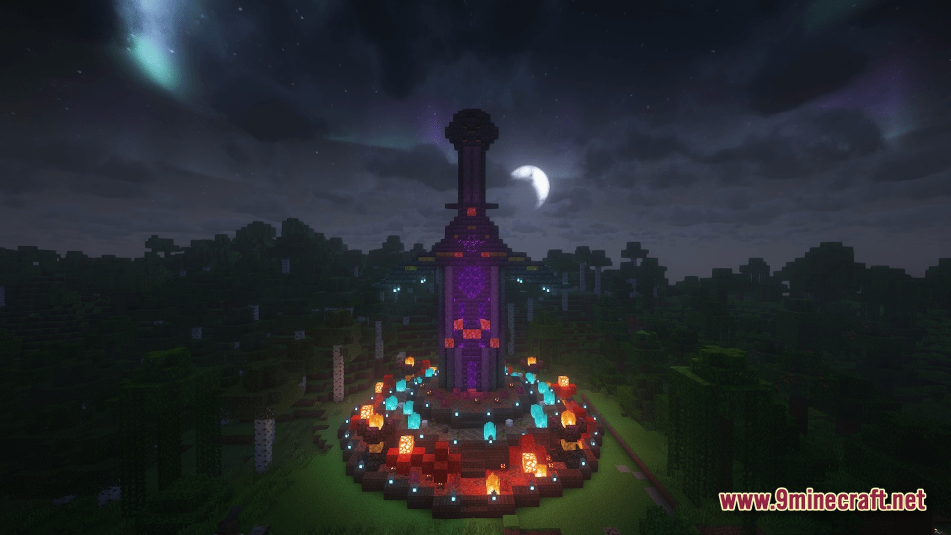 Ancient Kingdoms 3 Modpack Screenshot 7 A large sword-shaped structure stands illuminated by glowing blocks in a forest at night