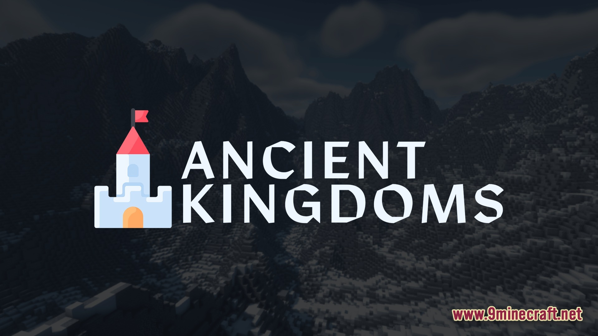 Ancient Kingdoms 3 Modpack Screenshot 8 A vast, snow-covered mountain range under a dark sky with the Ancient Kingdoms title logo