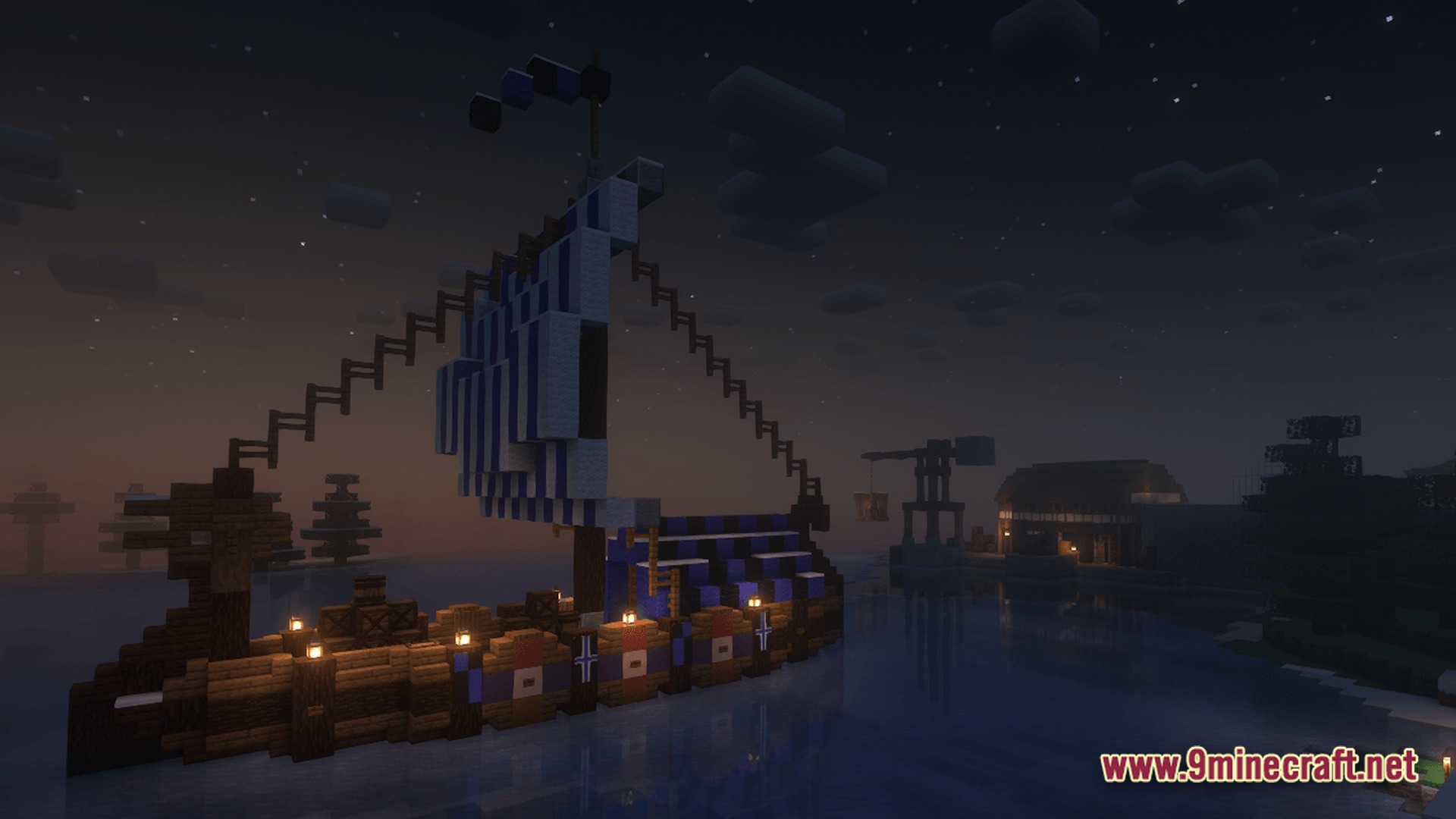 Ancient Kingdoms 3 Modpack Screenshot 9 A wooden Viking longship with blue and white sails anchored near a harbor at night