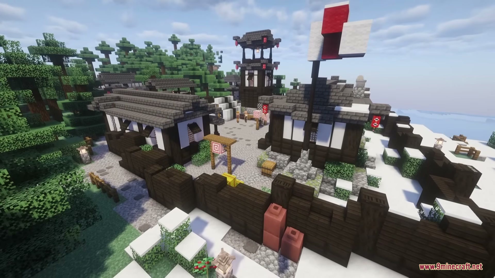 A military settlement featuring a wooden wall and a tall watchtower
