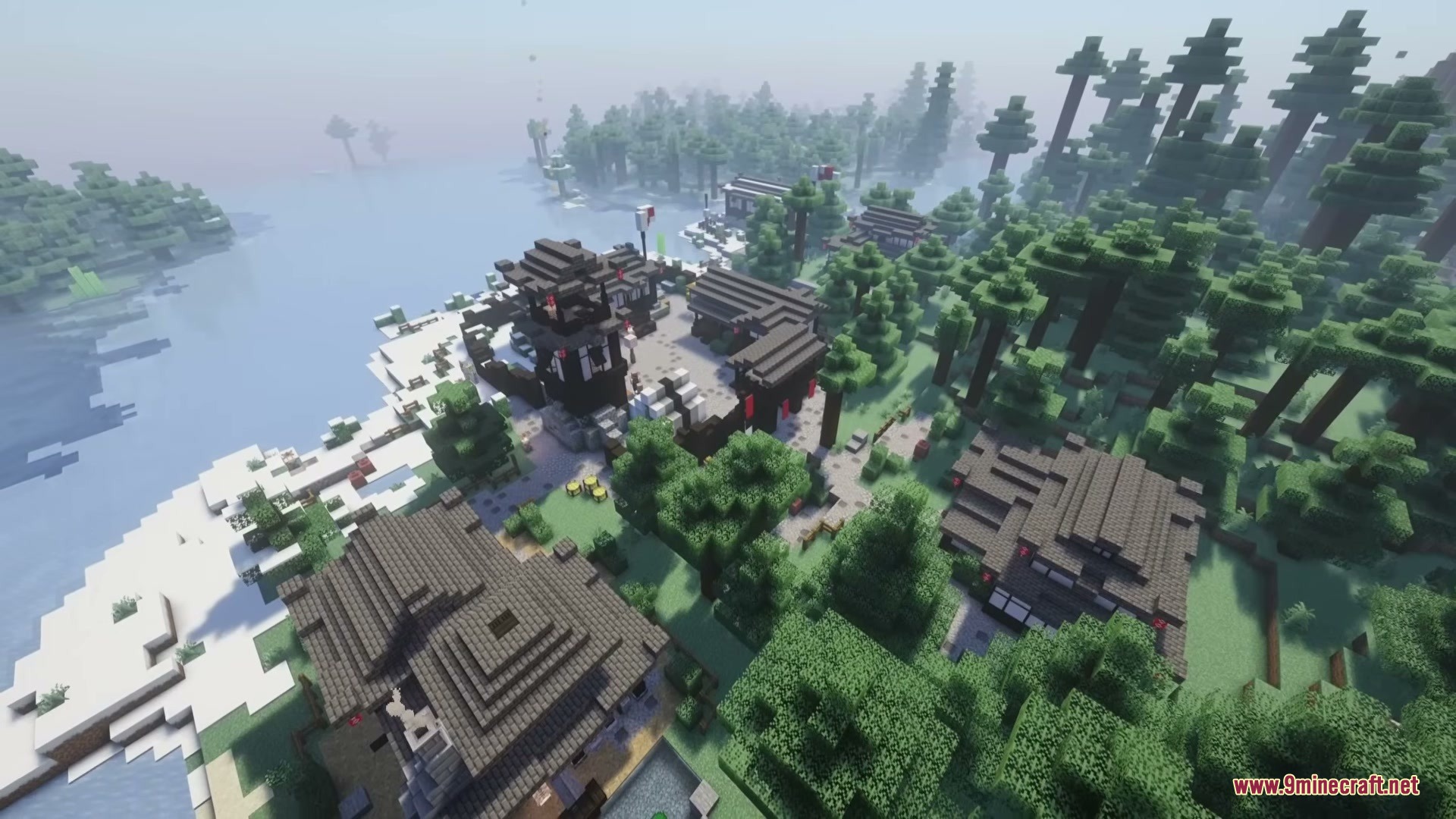 A large Japanese style settlement with dark roofs in a snowy taiga biome