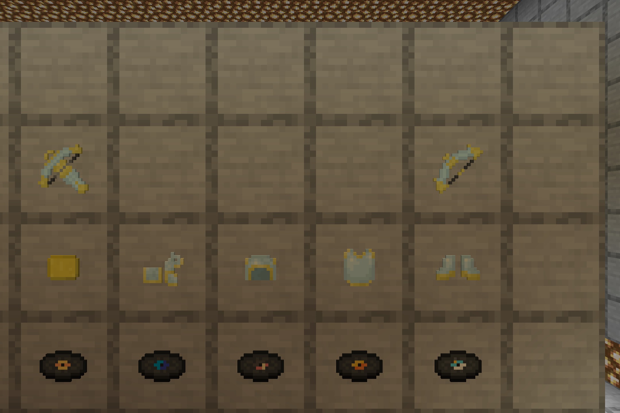 Angel Hare Textures Resource Pack Screenshot 2 Detailed view of custom armor sets and music discs on a wooden wall