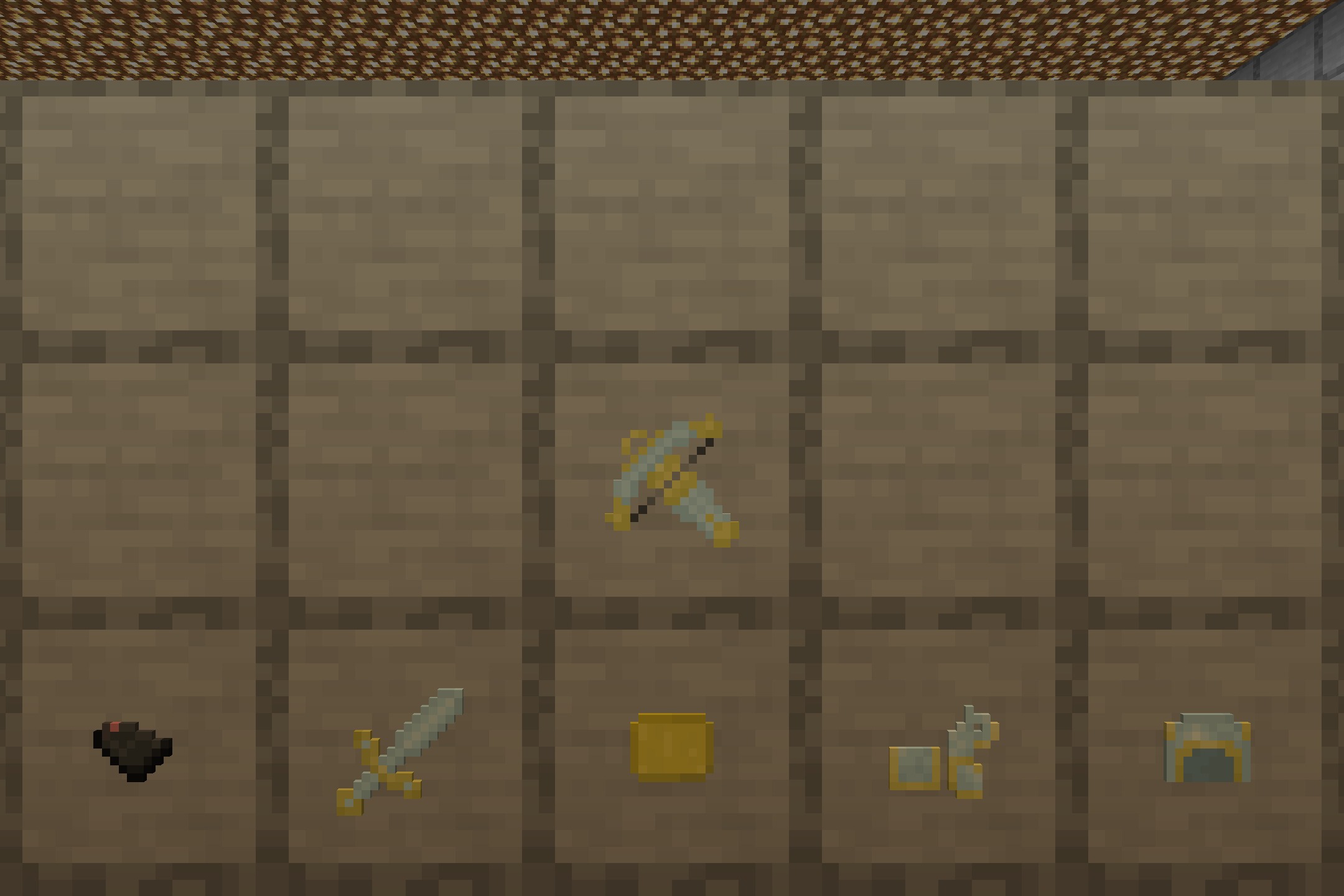 Angel Hare Textures Resource Pack Screenshot 4 Custom weapons and golden armor pieces displayed in item frames on a wall