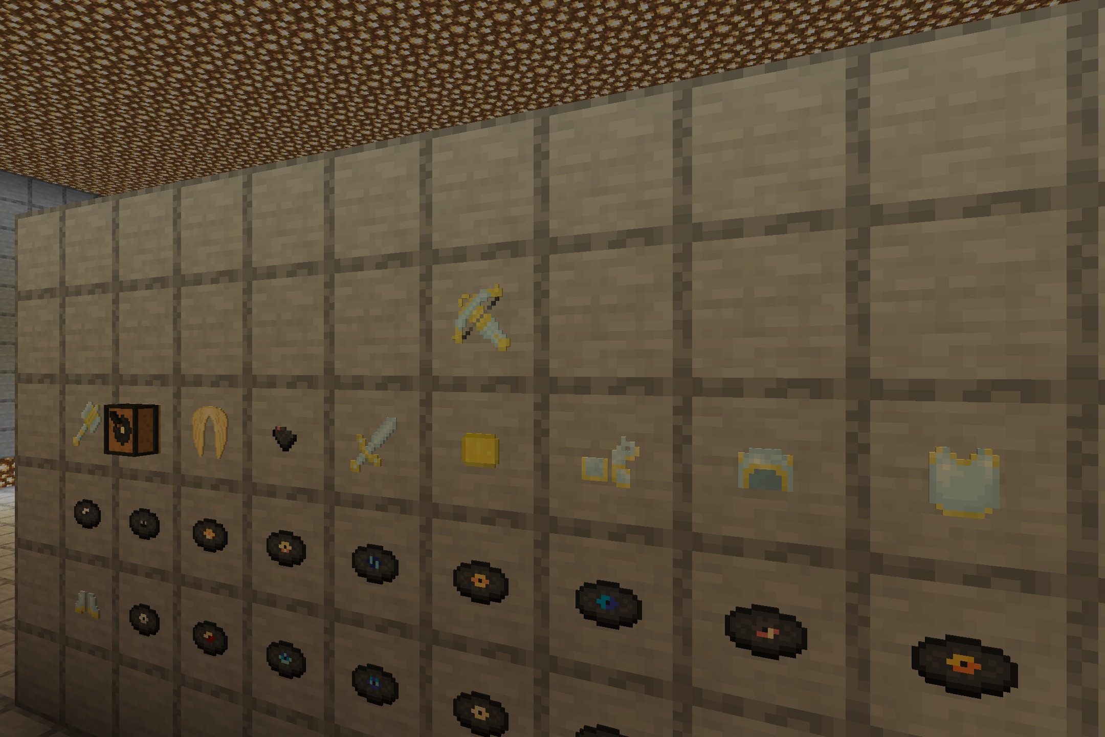 Angel Hare Textures Resource Pack Screenshot 5 A wall of item frames displaying custom music discs and various tools