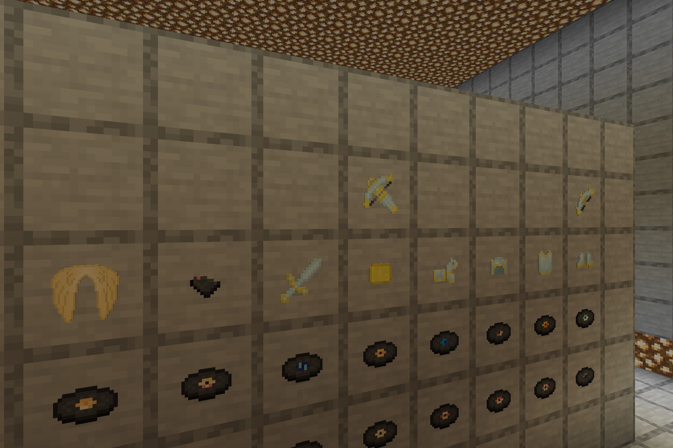 Angel Hare Textures Resource Pack Screenshot 6 Custom armor sets and music discs displayed on item frames in Minecraft