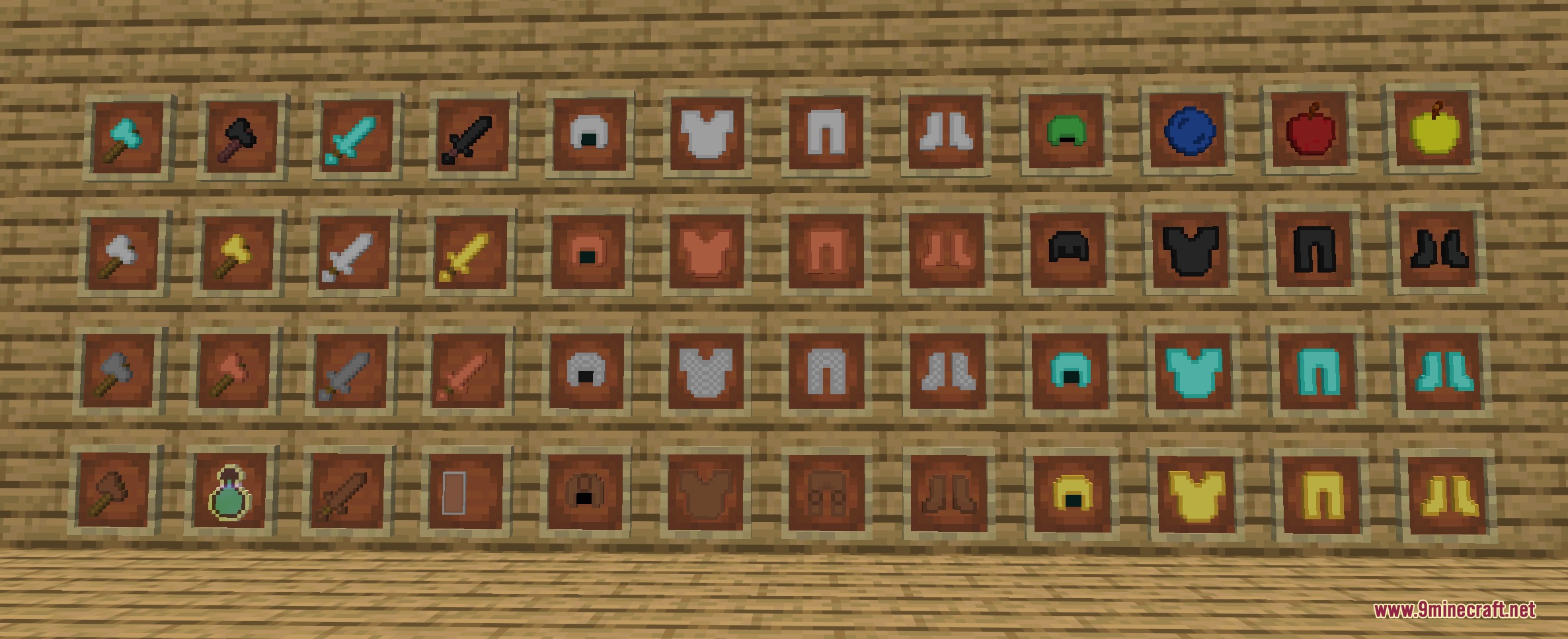 Angular Essence Resource Pack Screenshot 1 Item frames on a wooden wall displaying geometric gear and tools