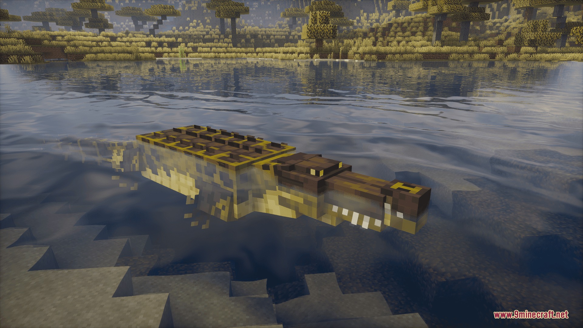 Animalia Exotica Mod Screenshot 3 A large brown crocodile swimming through clear water in a savanna biome