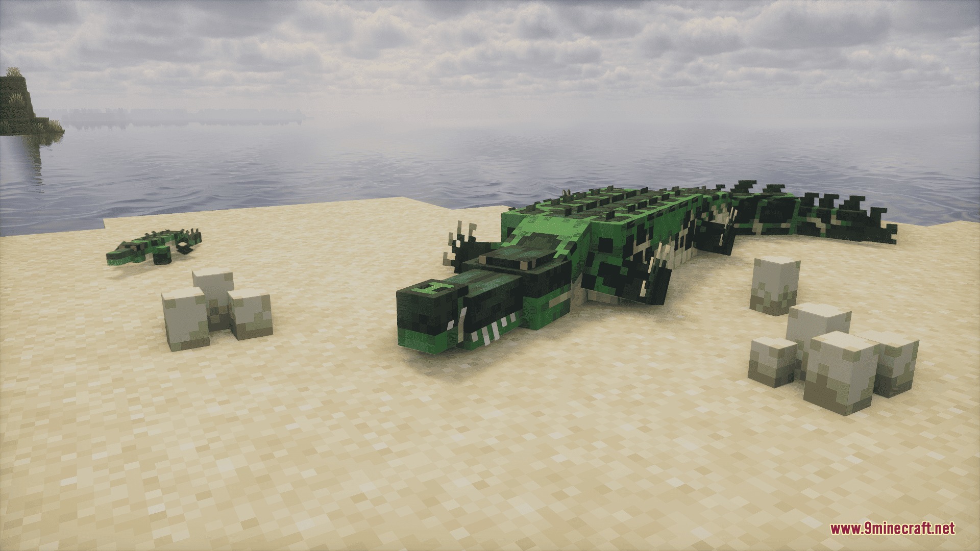 Animalia Exotica Mod Screenshot 4 A green crocodile resting on a sandy beach with eggs and its baby
