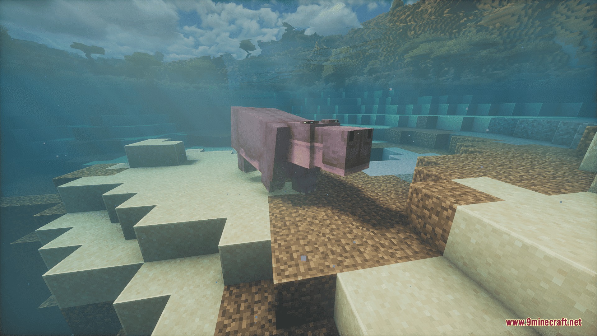 Animalia Exotica Mod Screenshot 5 A blocky purple hippo walking on the sandy floor of a river