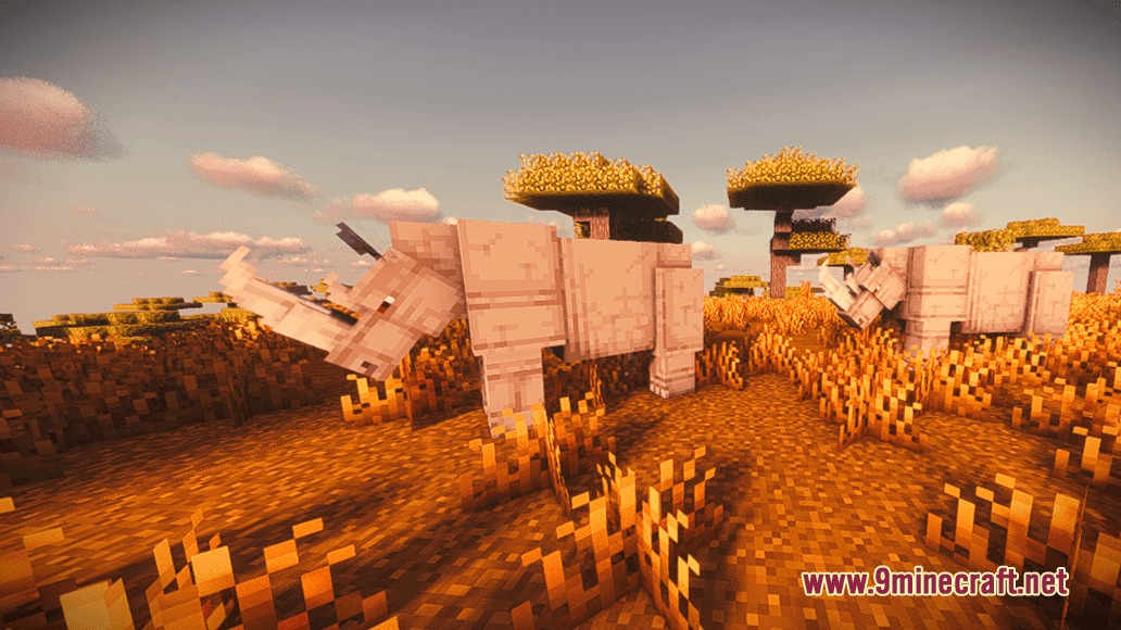 Animalia Exotica Mod Screenshot 8 Two rhinoceroses wandering through a golden savanna landscape during a beautiful sunset