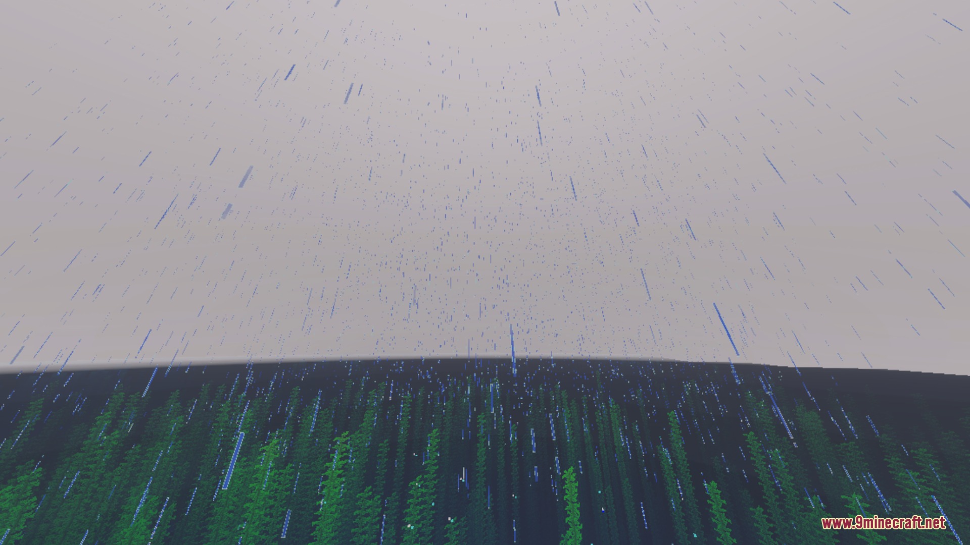 Animated Glowing Ores - 24+ Animated Ores Shader Screenshot 10 Heavy rain falling over a dark forest of tall trees in Minecraft