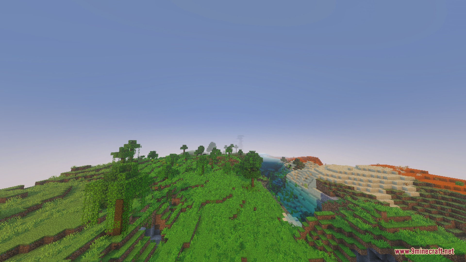 Animated Glowing Ores - 24+ Animated Ores Shader Screenshot 9 A wide view of green hills and trees in a Minecraft world