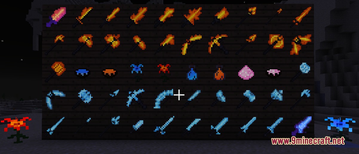 Animated and emissive fire and ice weapons glowing on a wall at night