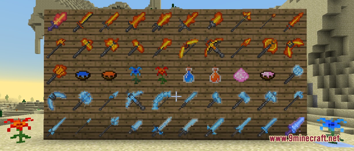 Fire and ice themed weapons and tools displayed on a wall in a desert