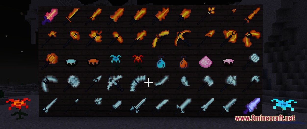 Glowing fire and ice weapons displayed on a wooden wall at night